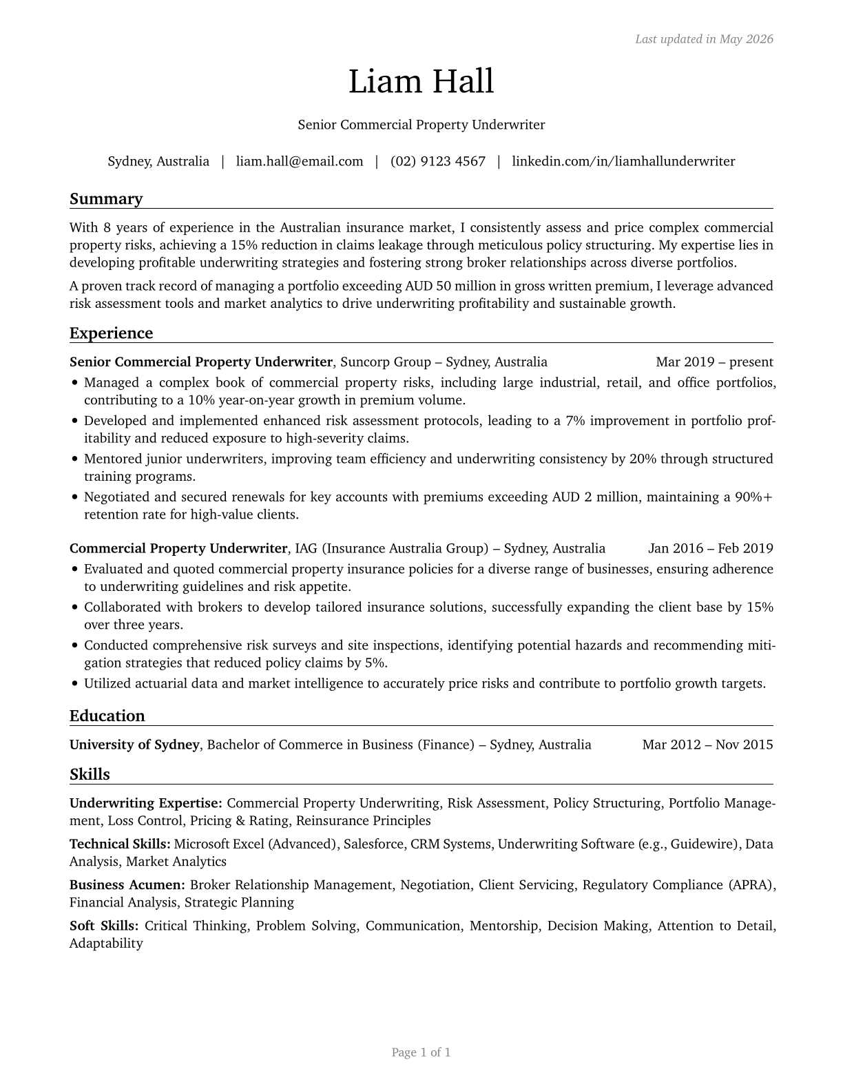 Insurance Underwriters CV in English — page 1