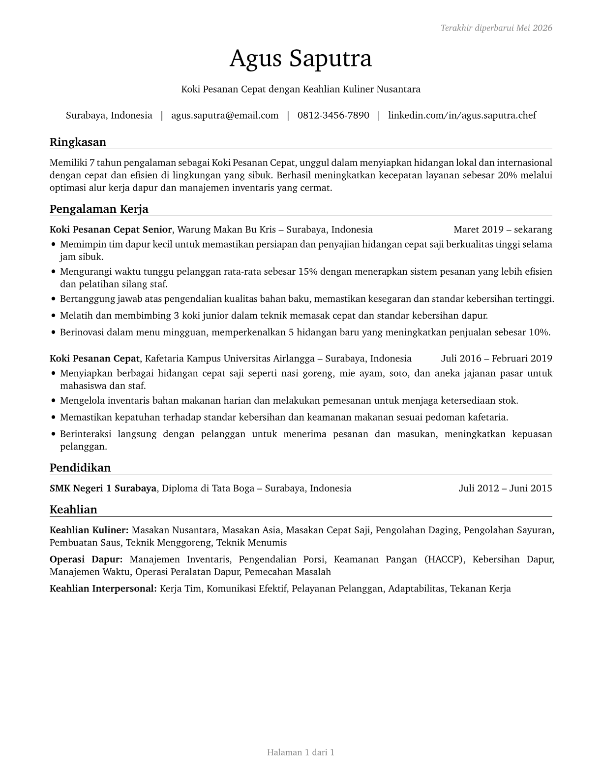 Cooks, Short Order CV in Indonesian — page 1