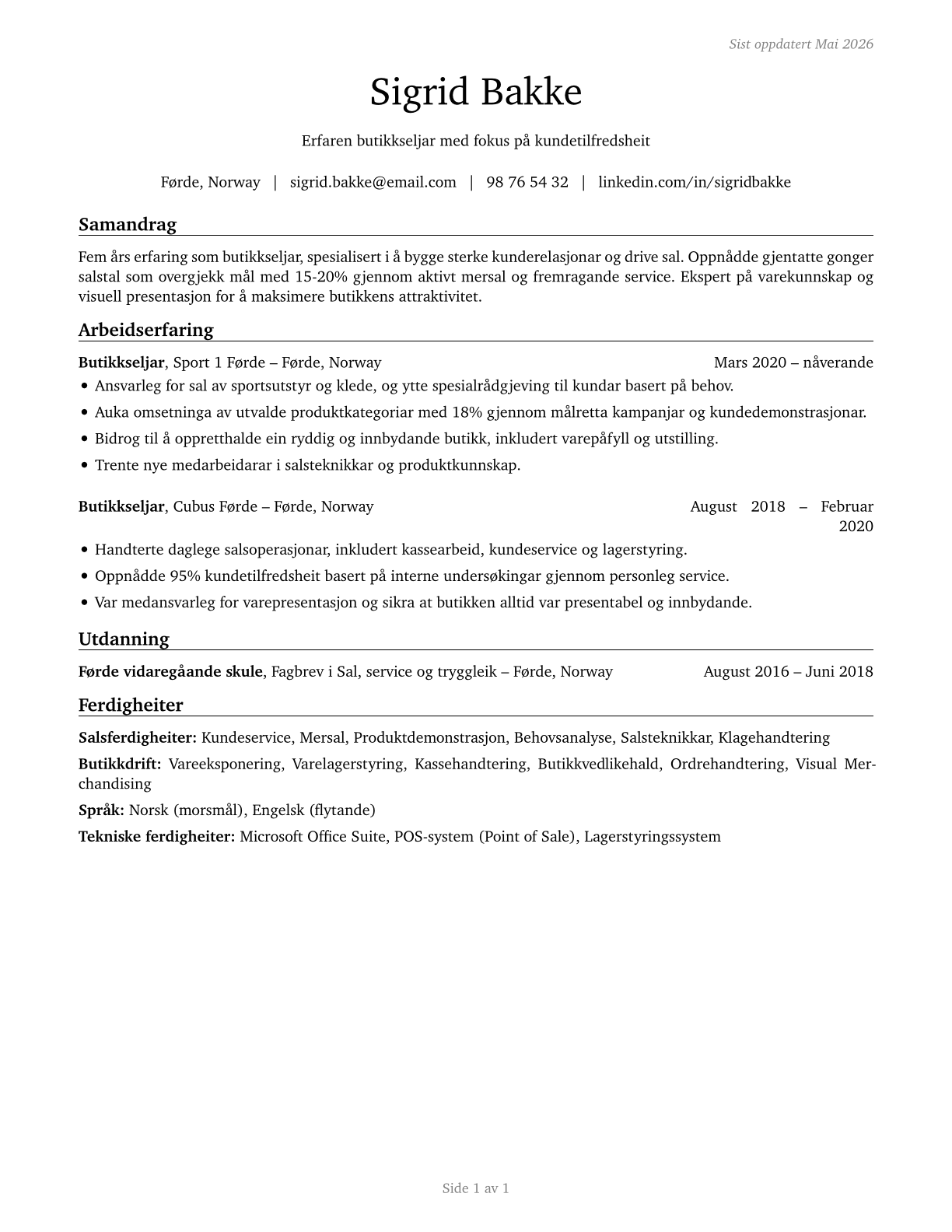 Retail Salespersons CV in Norwegian_nynorsk — page 1