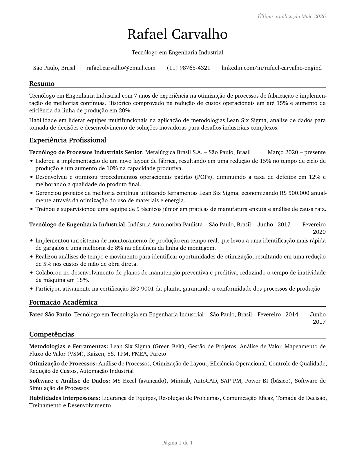 Industrial Engineering Technologists and Technicians CV in Portuguese — page 1