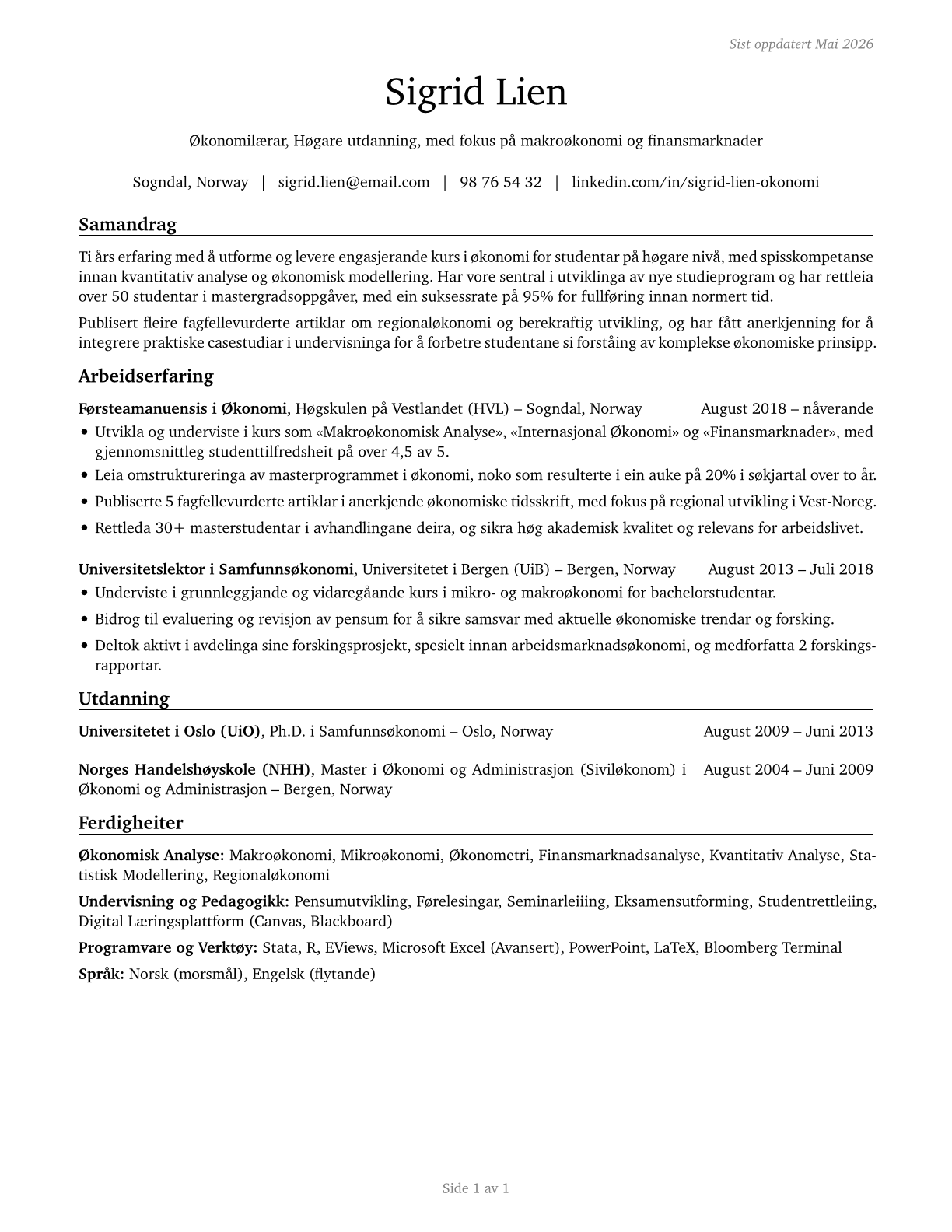 Economics Teachers, Postsecondary CV in Norwegian_nynorsk — page 1