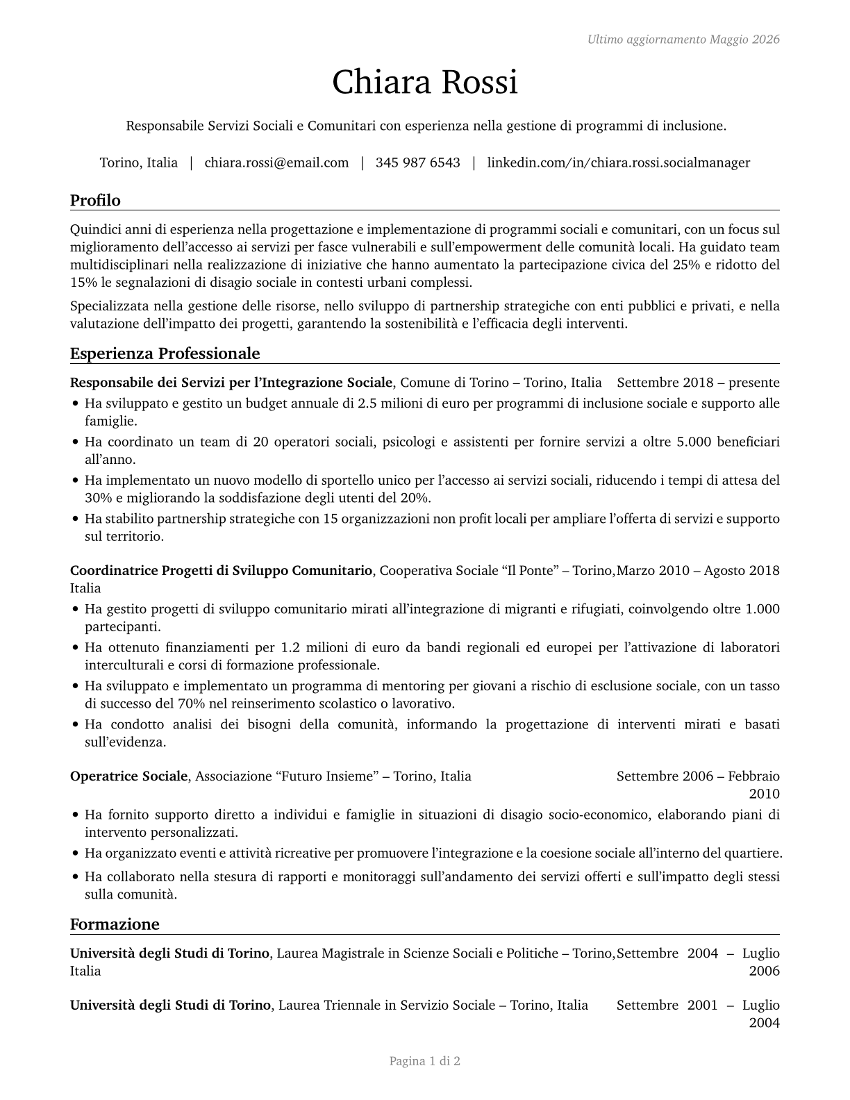Social and Community Service Managers CV in Italian — page 1