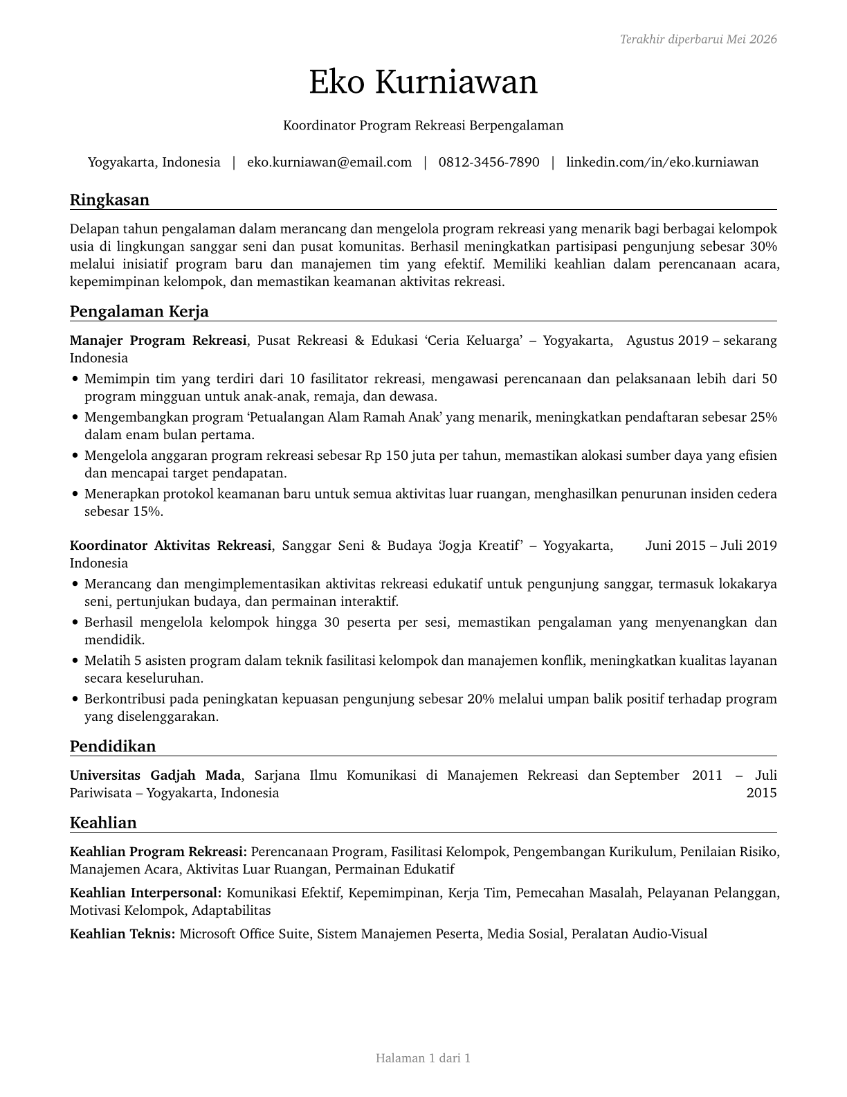 Recreation Workers CV in Indonesian — page 1