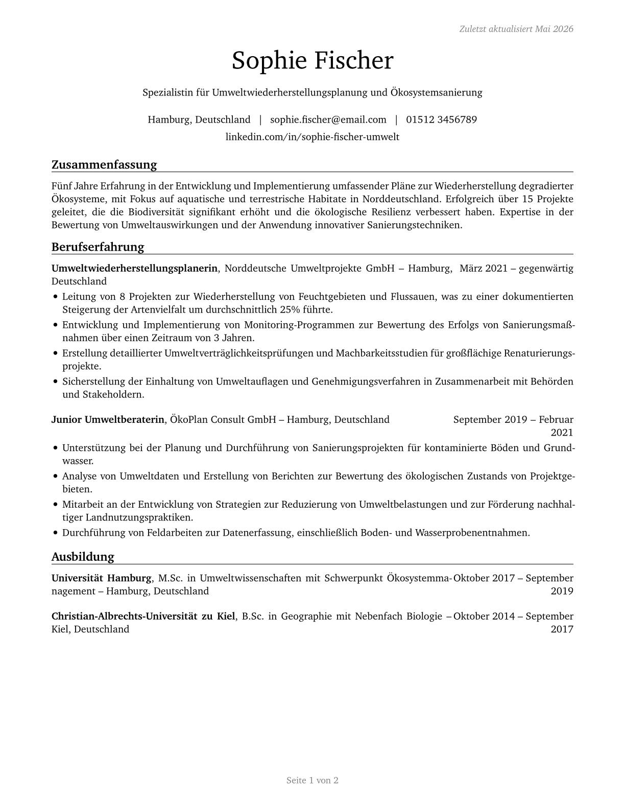 Environmental Restoration Planners CV in German — page 1