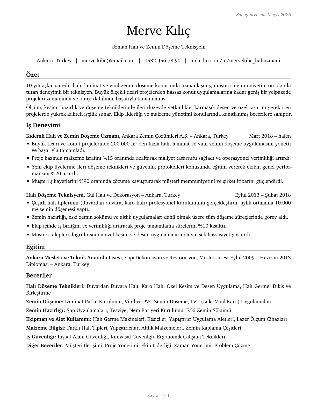Carpet Installers CV in Turkish — page 1