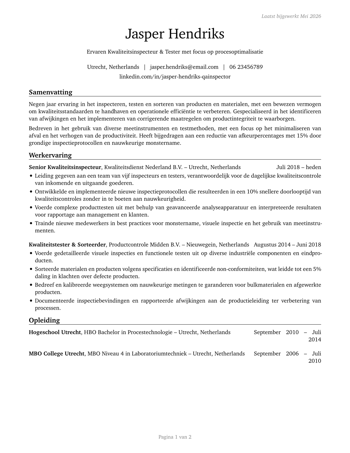 Inspectors, Testers, Sorters, Samplers, and Weighers CV in Dutch — page 1