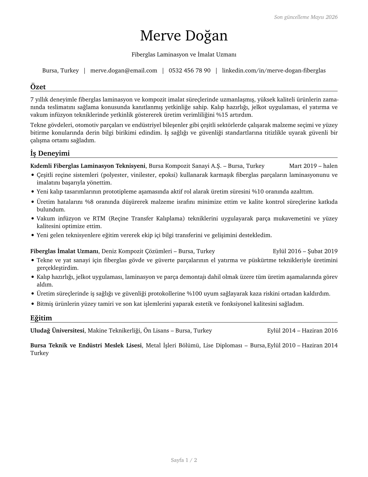 Fiberglass Laminators and Fabricators CV in Turkish — page 1