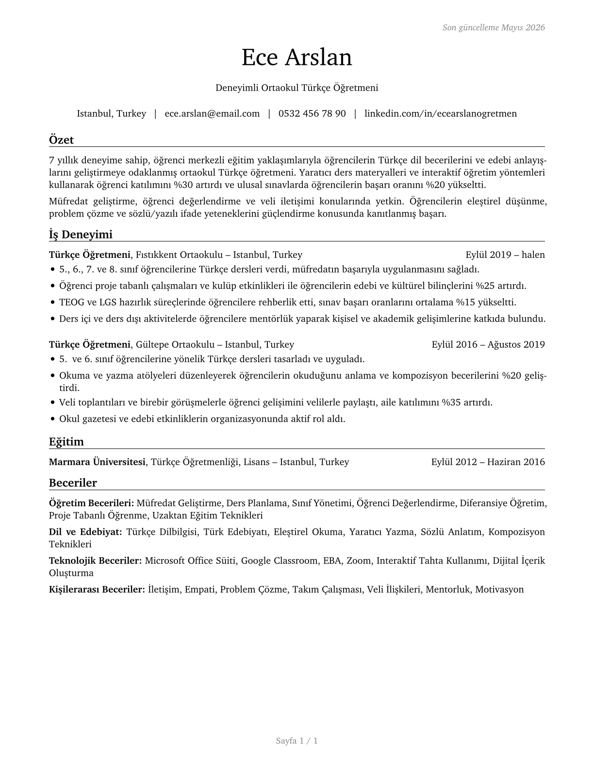 Secondary School Teachers, Except Special and Career/Technical Education CV in Turkish — page 1