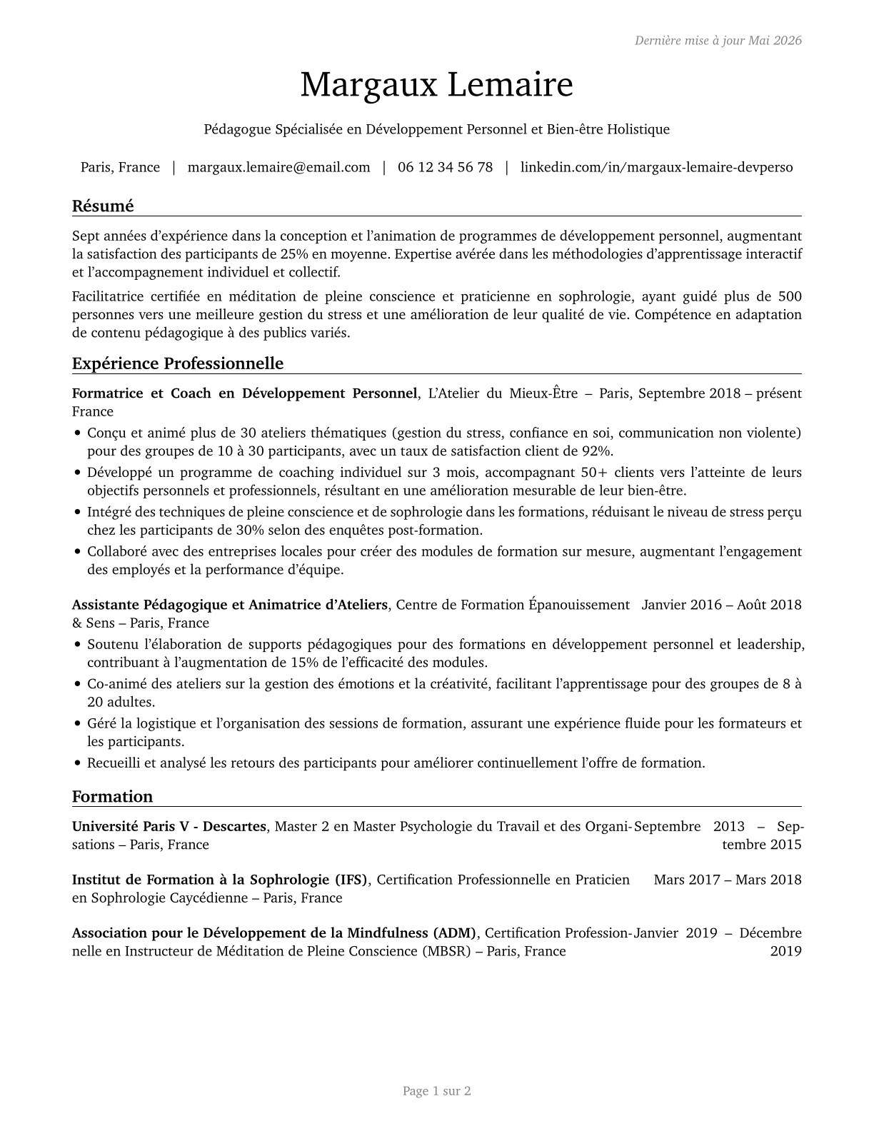 Self-Enrichment Teachers CV in French — page 1