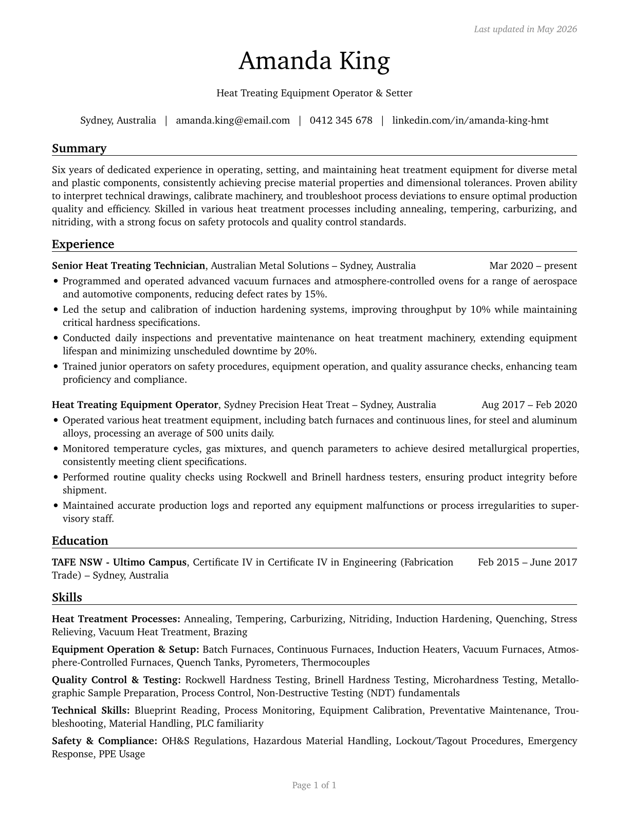Heat Treating Equipment Setters, Operators, and Tenders, Metal and Plastic CV in English — page 1