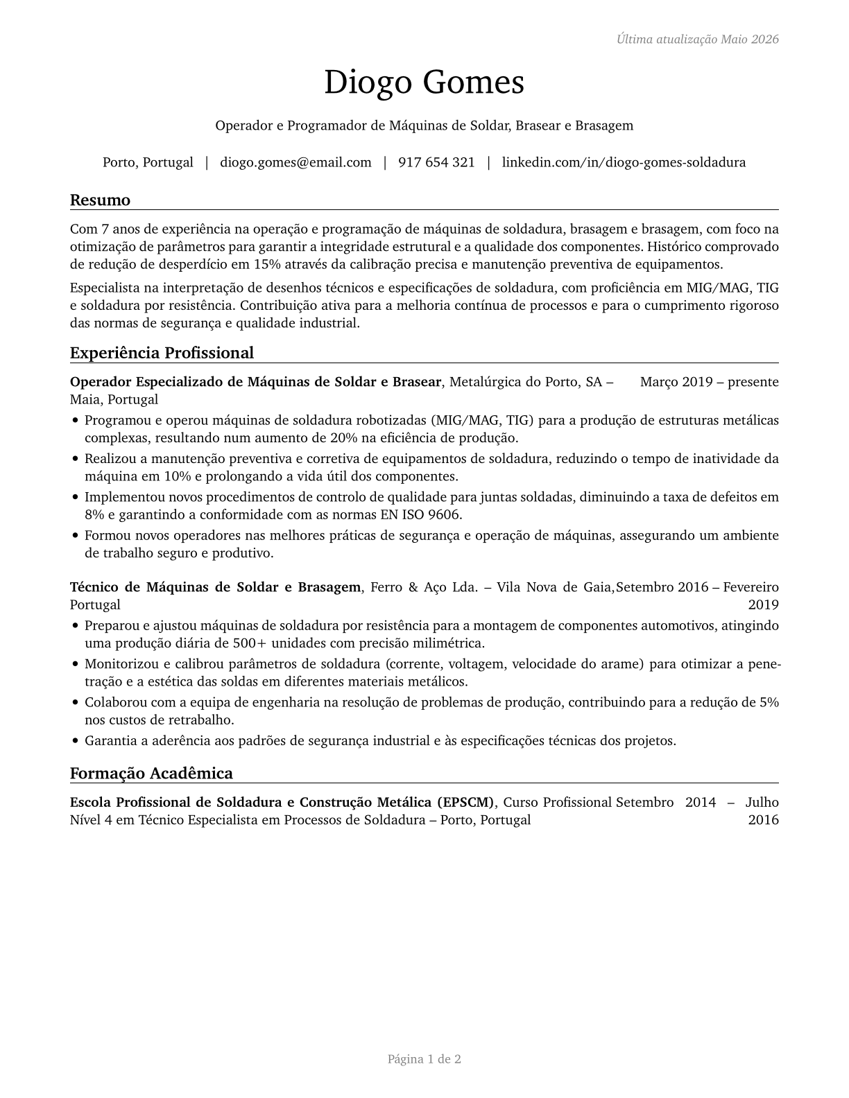 Welding, Soldering, and Brazing Machine Setters, Operators, and Tenders CV in Portuguese — page 1