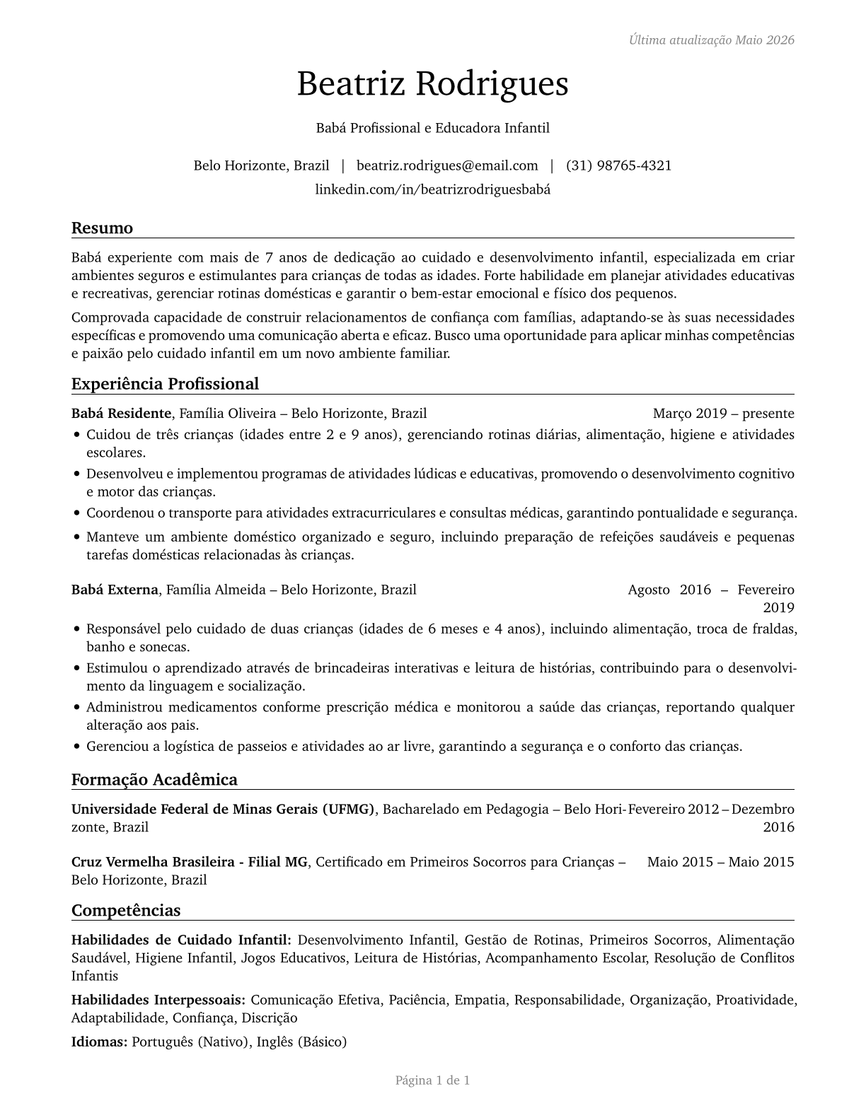 Nannies CV in Portuguese — page 1