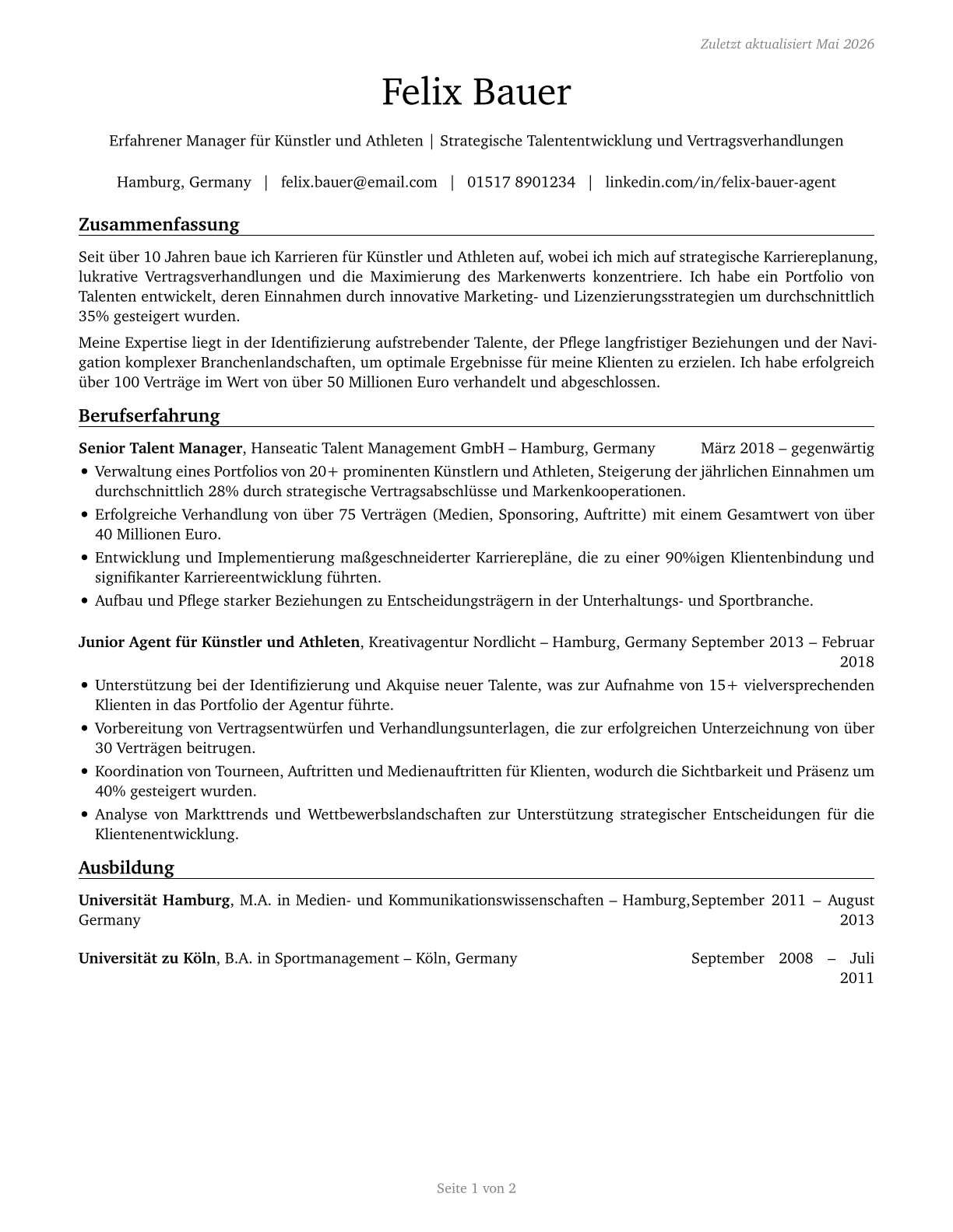 Agents and Business Managers of Artists, Performers, and Athletes CV in German — page 1