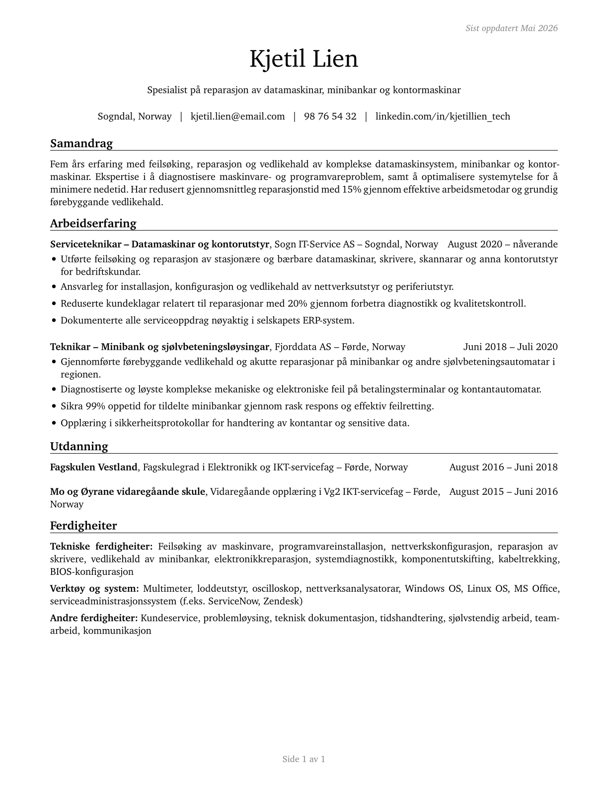 Computer, Automated Teller, and Office Machine Repairers CV in Norwegian_nynorsk — page 1