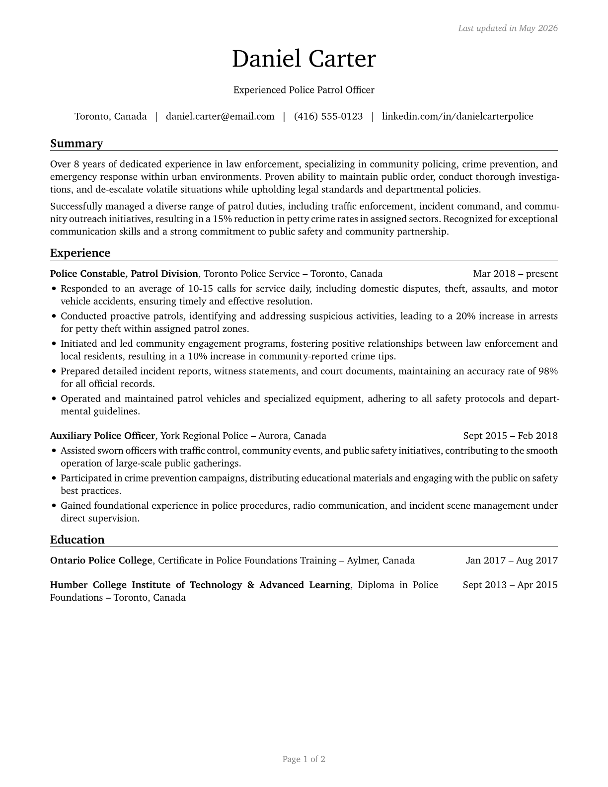 Police and Sheriff's Patrol Officers CV in English — page 1