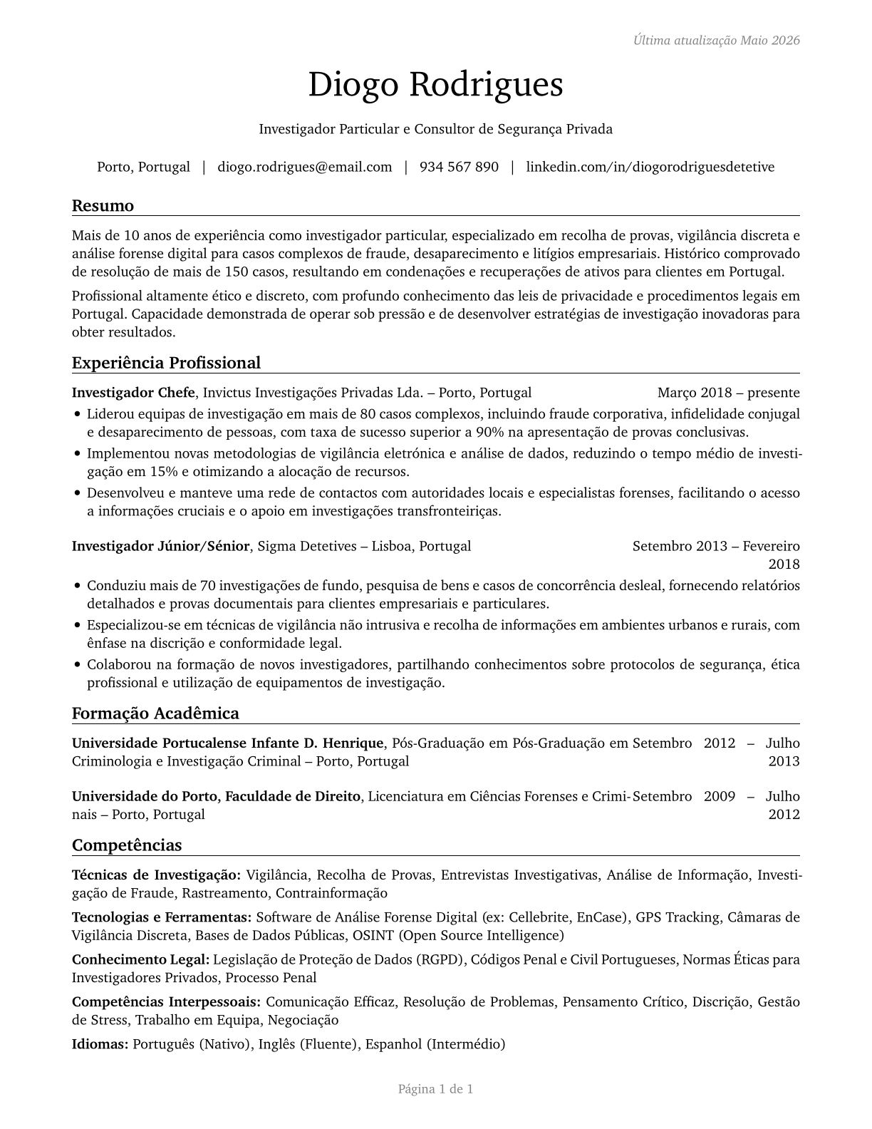 Private Detectives and Investigators CV in Portuguese — page 1