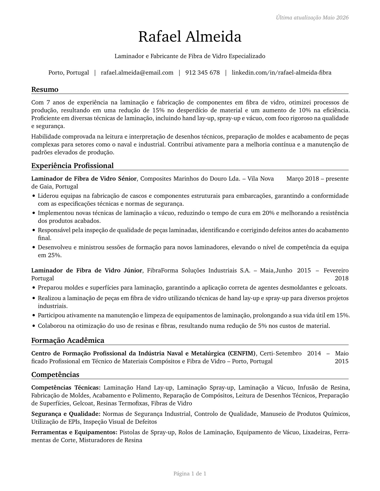 Fiberglass Laminators and Fabricators CV in Portuguese — page 1