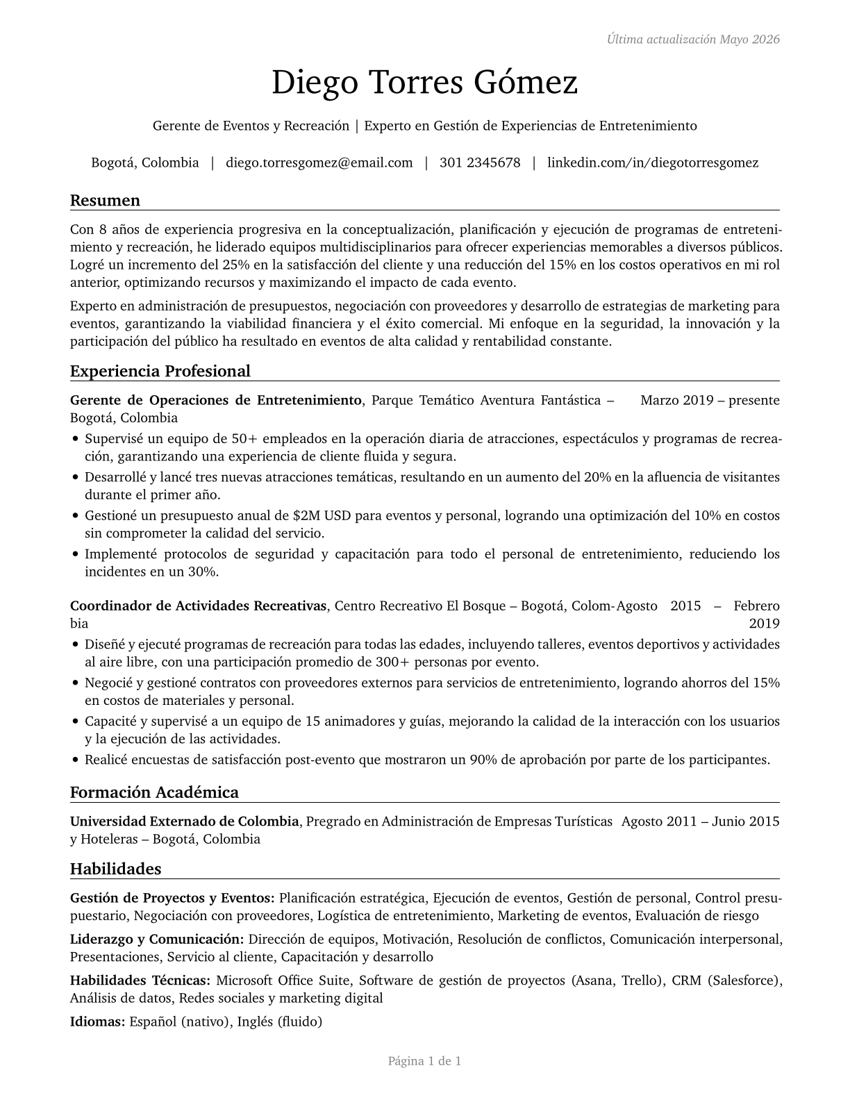 Entertainment and Recreation Managers, Except Gambling CV in Spanish — page 1