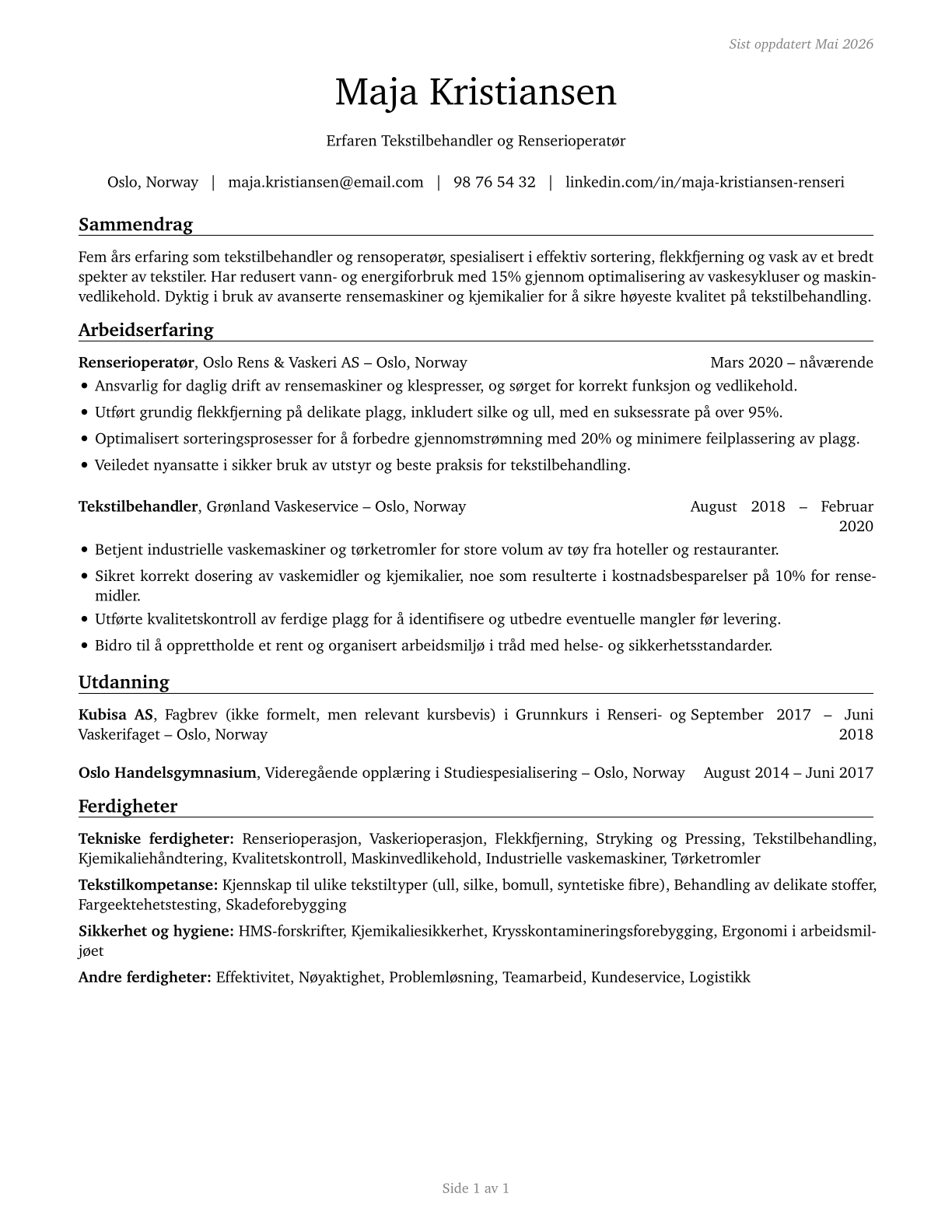 Laundry and Dry-Cleaning Workers CV in Norwegian_bokmal — page 1
