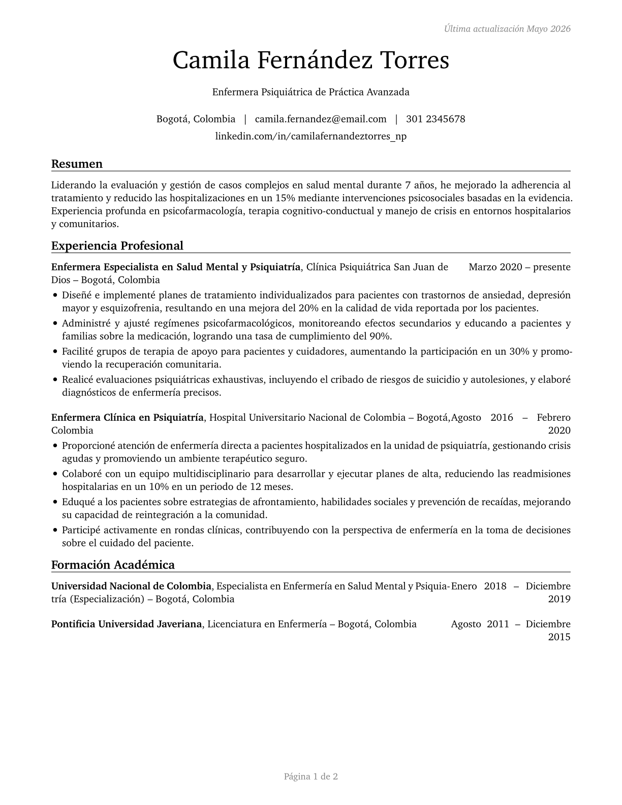 Advanced Practice Psychiatric Nurses CV in Spanish — page 1