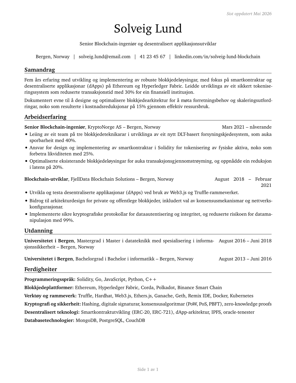 Blockchain Engineers CV in Norwegian_nynorsk — page 1