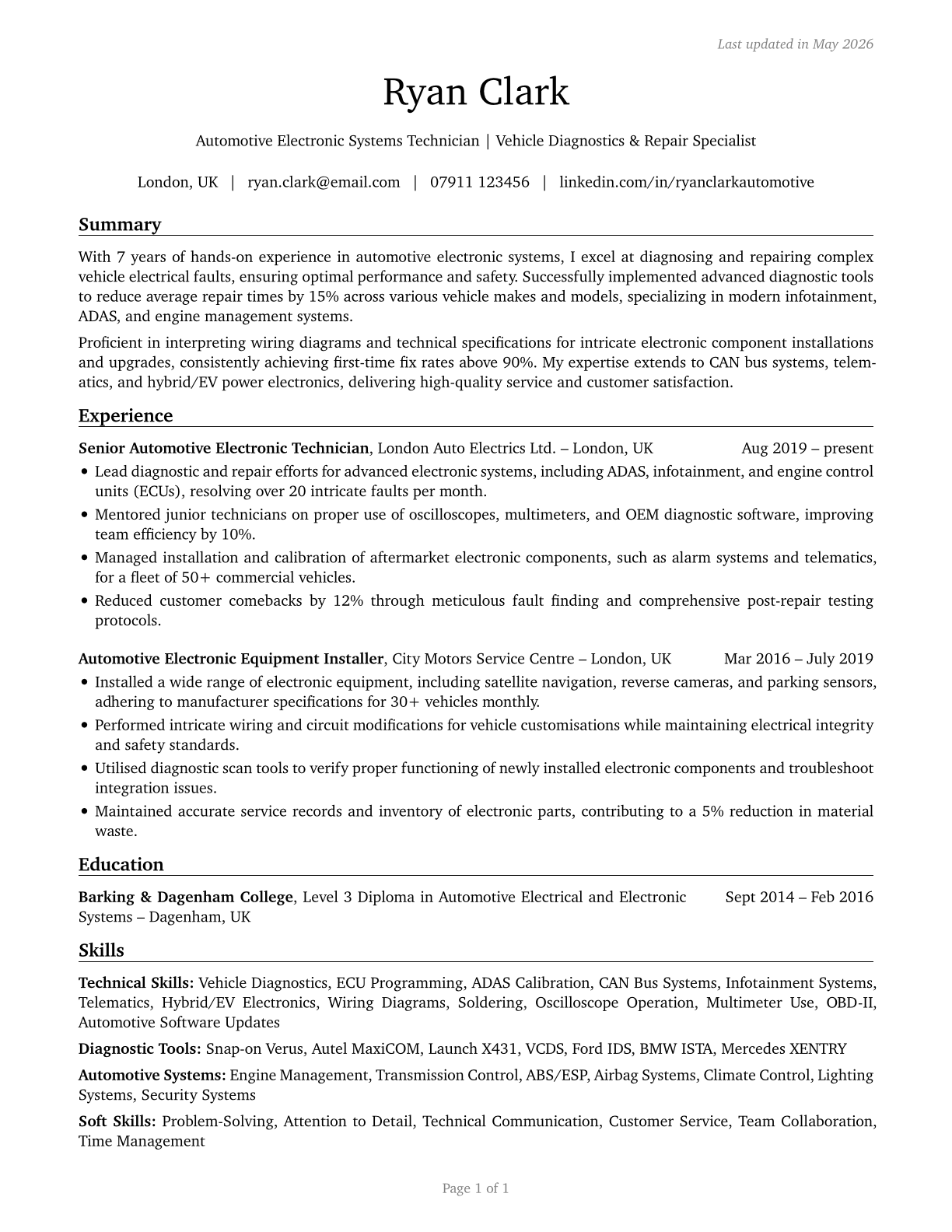 Electronic Equipment Installers and Repairers, Motor Vehicles CV in English — page 1