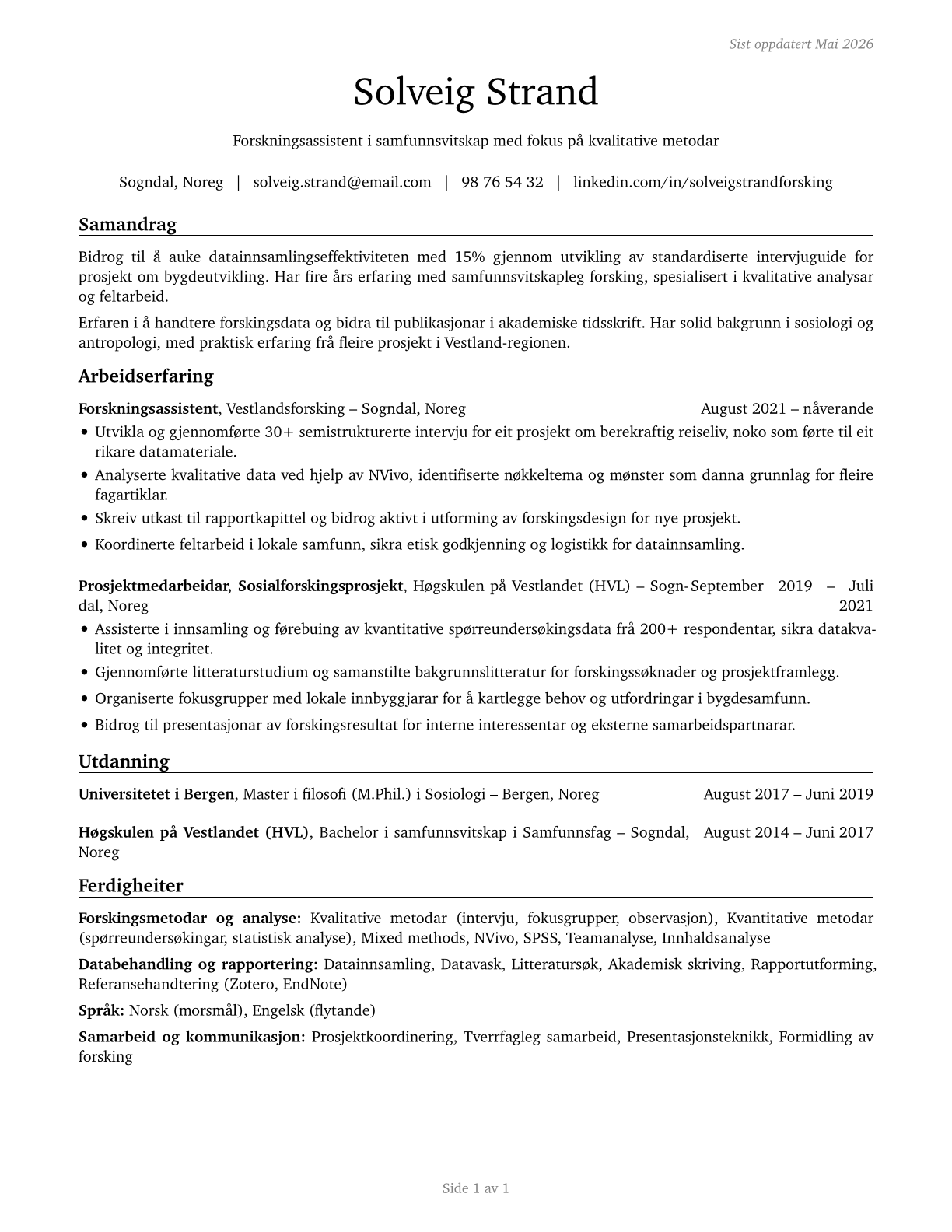 Social Science Research Assistants CV in Norwegian_nynorsk — page 1