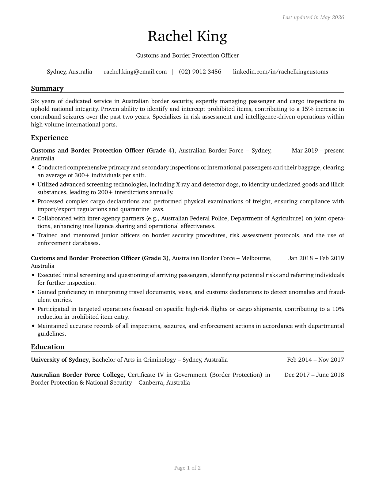 Customs and Border Protection Officers CV in English — page 1