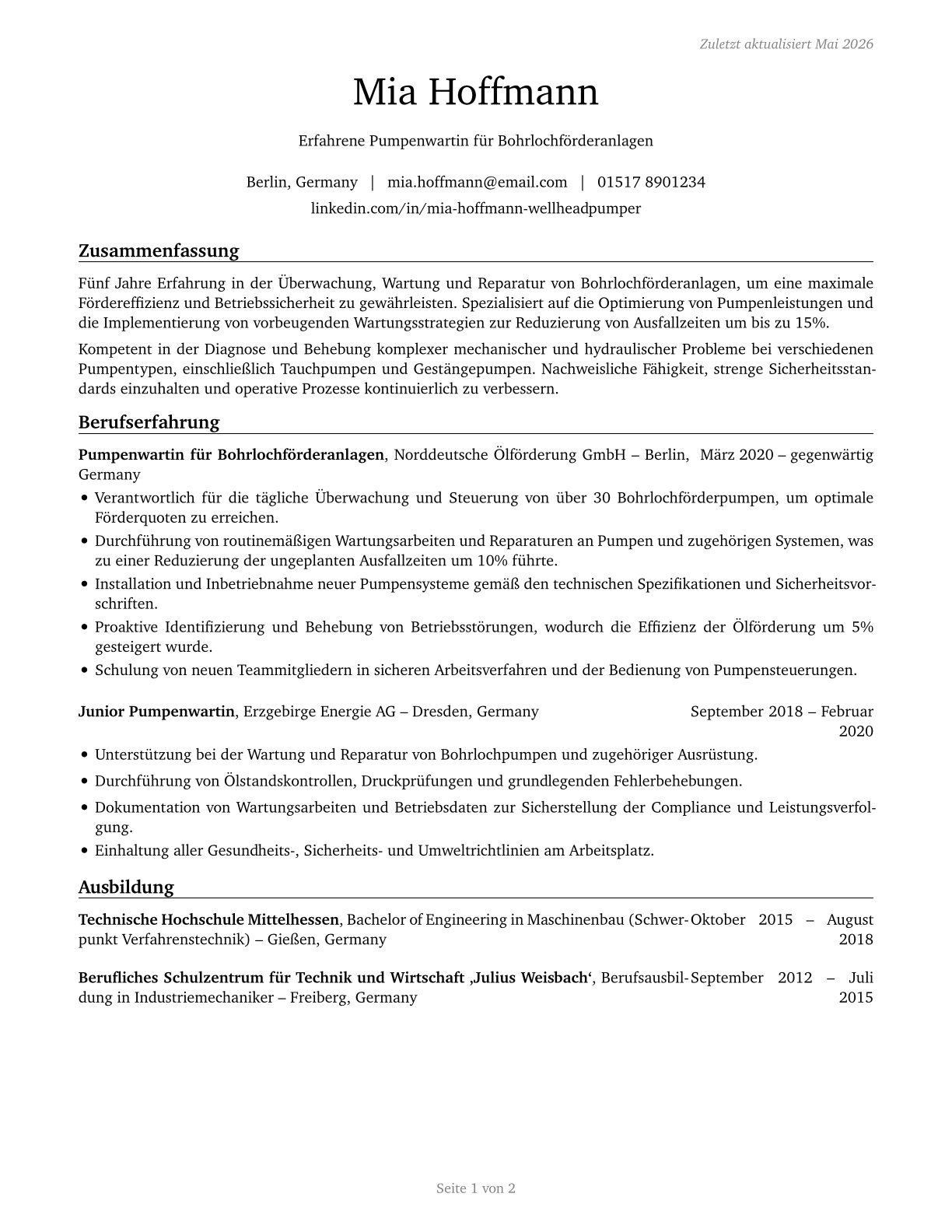 Wellhead Pumpers CV in German — page 1