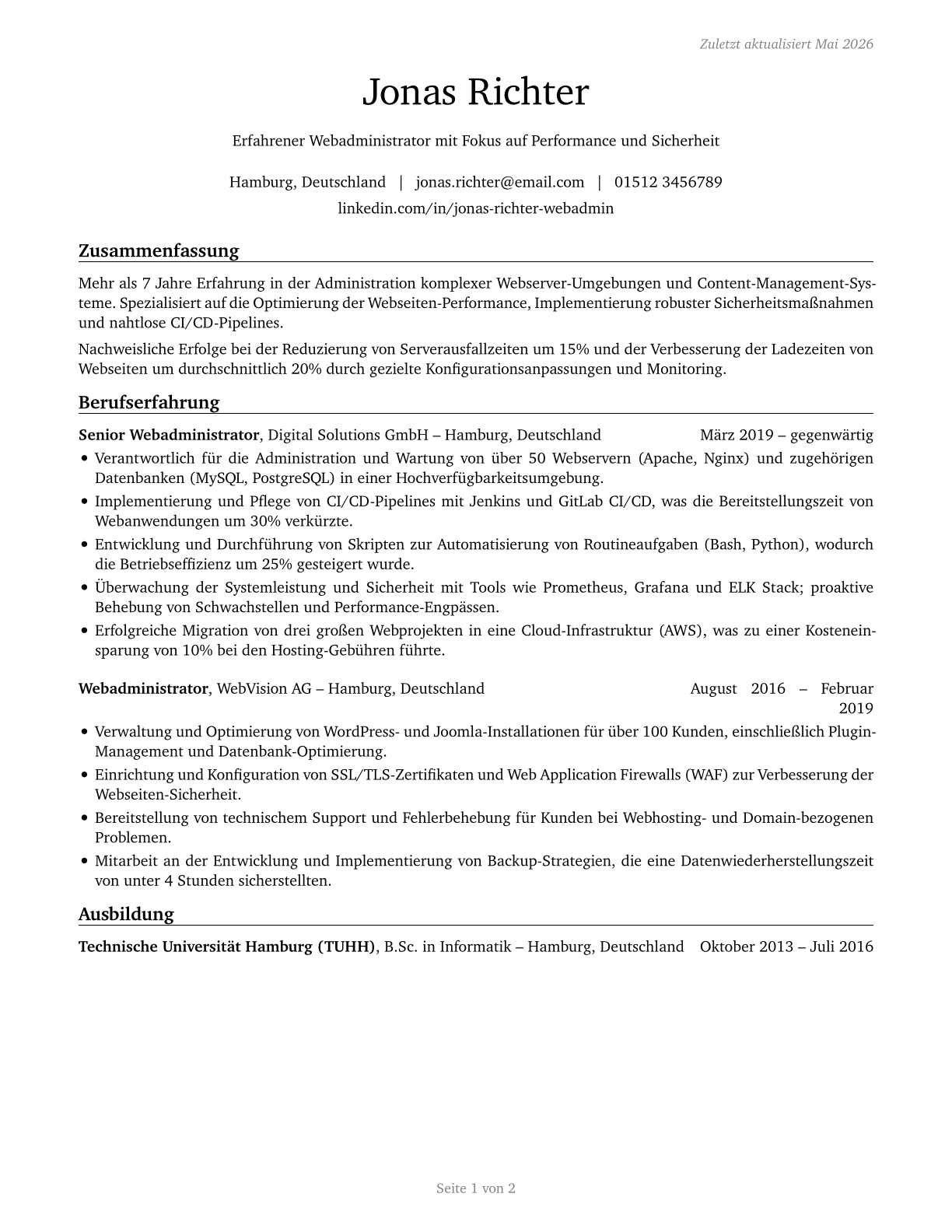 Web Administrators CV in German — page 1
