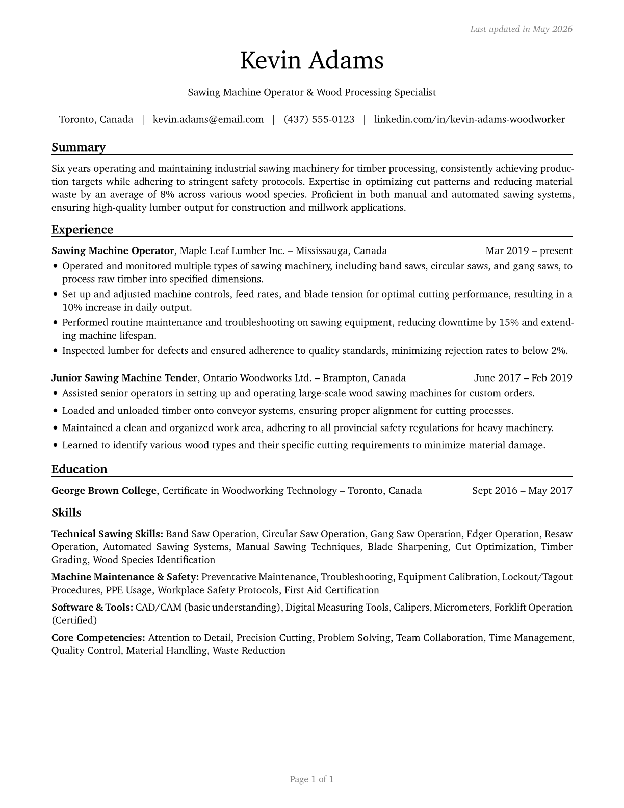 Sawing Machine Setters, Operators, and Tenders, Wood CV in English — page 1