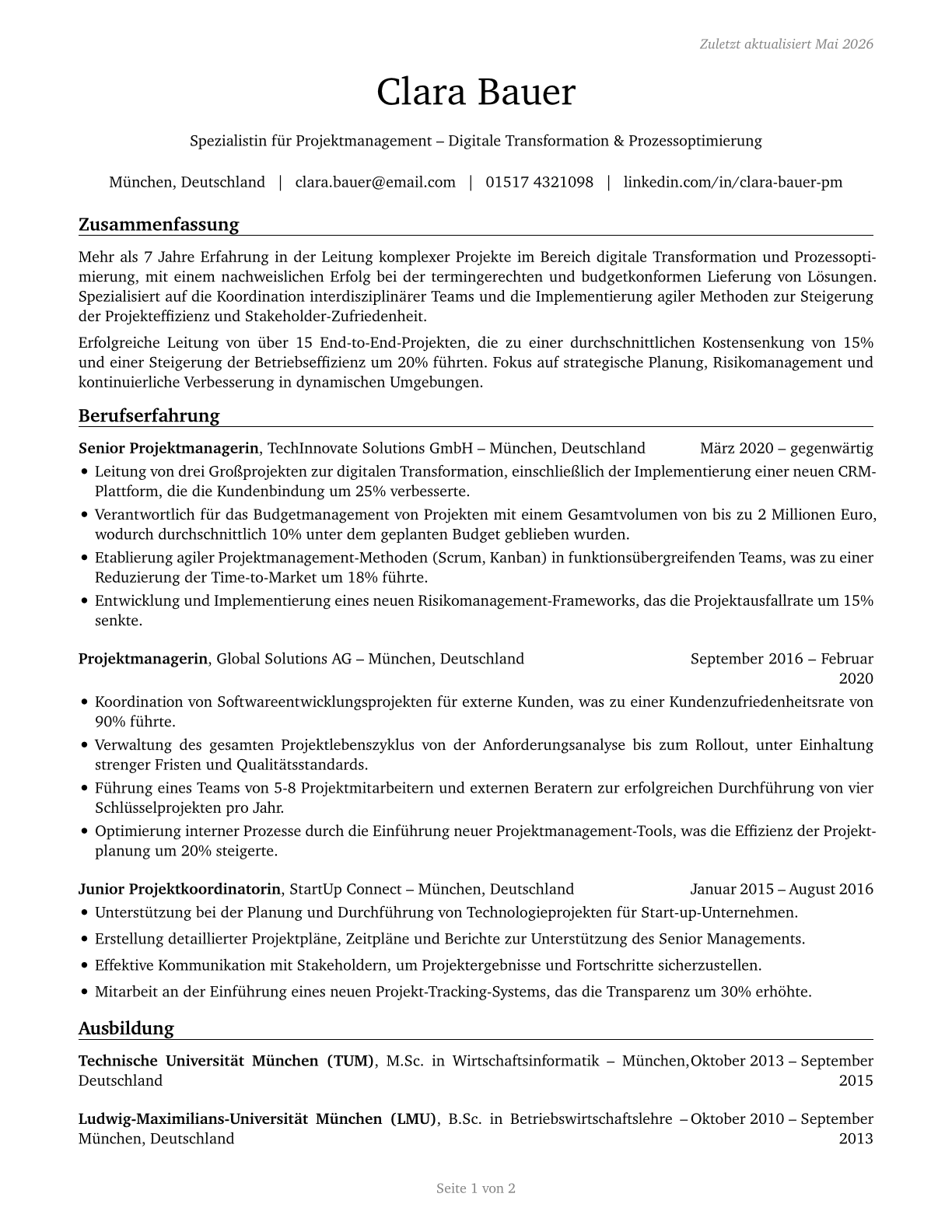 Project Management Specialists CV in German — page 1