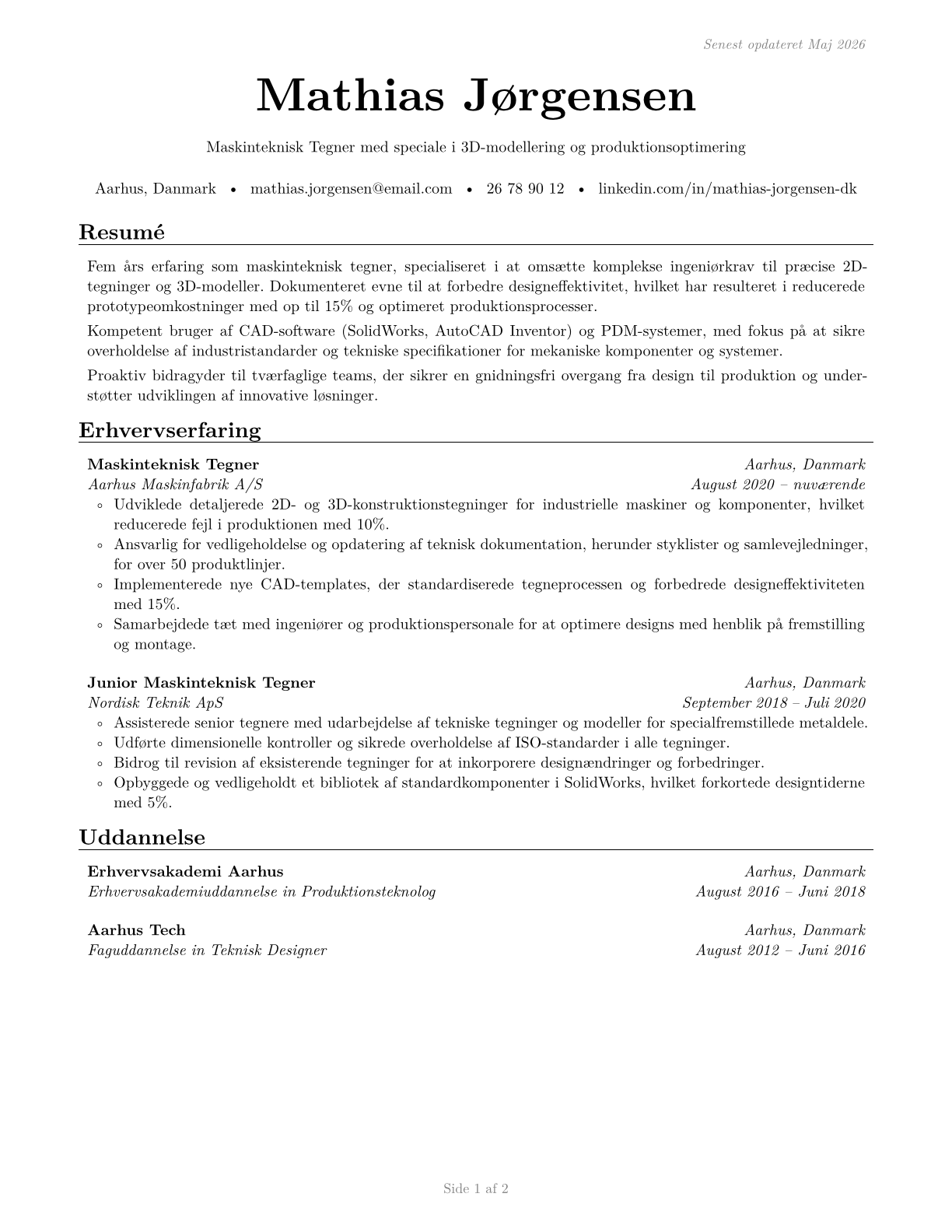 Mechanical Drafters CV in Danish — page 1
