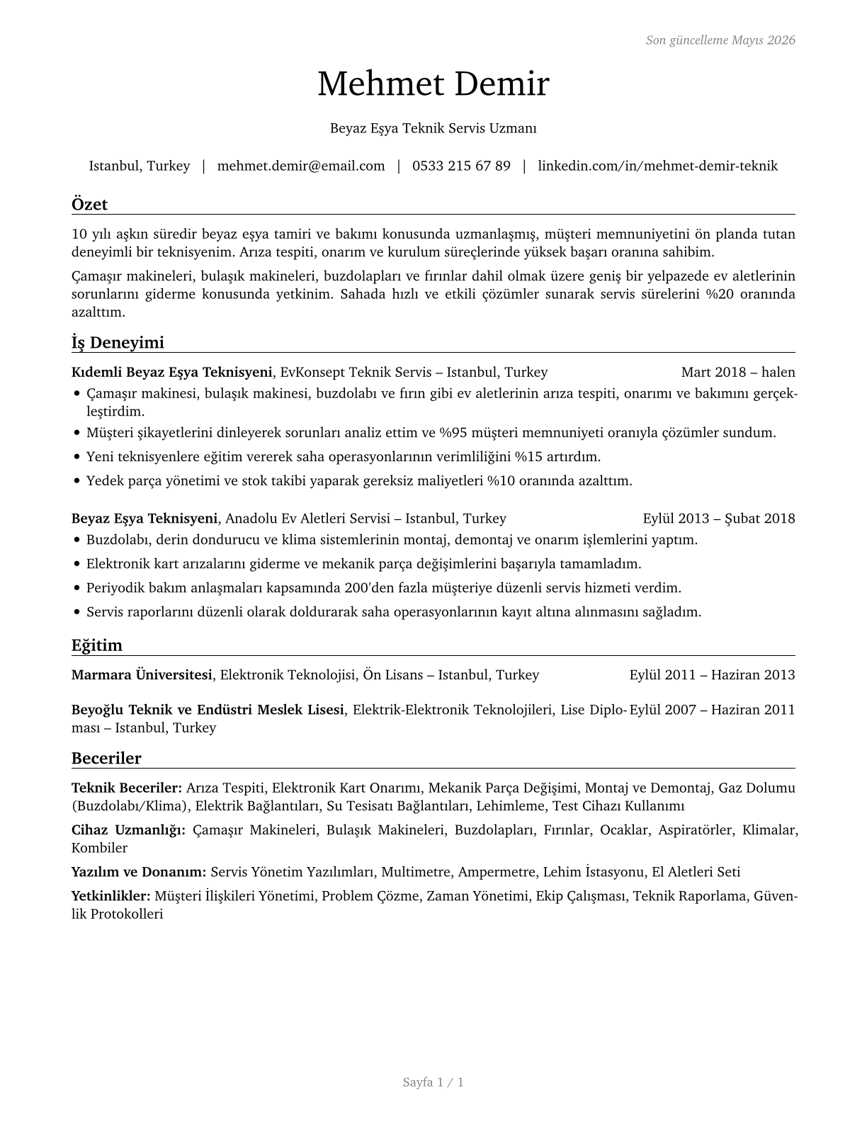 Home Appliance Repairers CV in Turkish — page 1