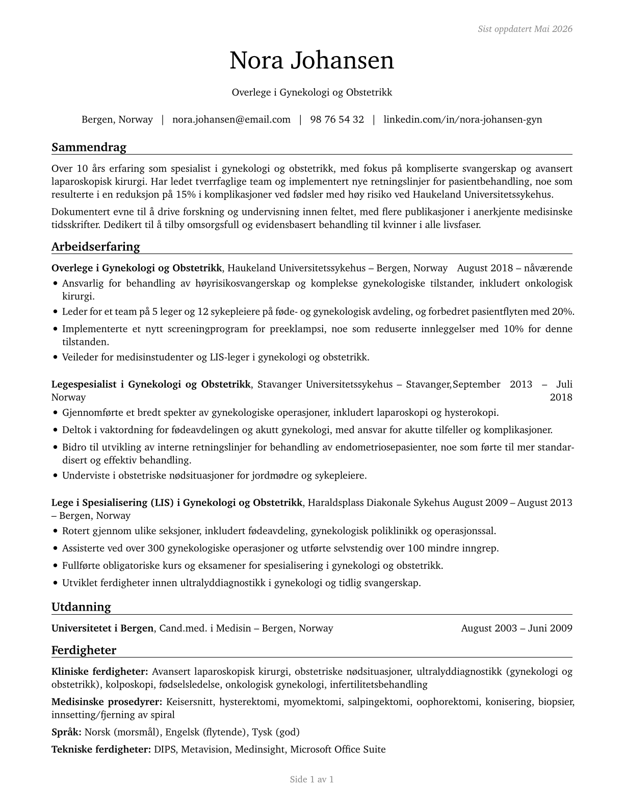 Obstetricians and Gynecologists CV in Norwegian_bokmal — page 1