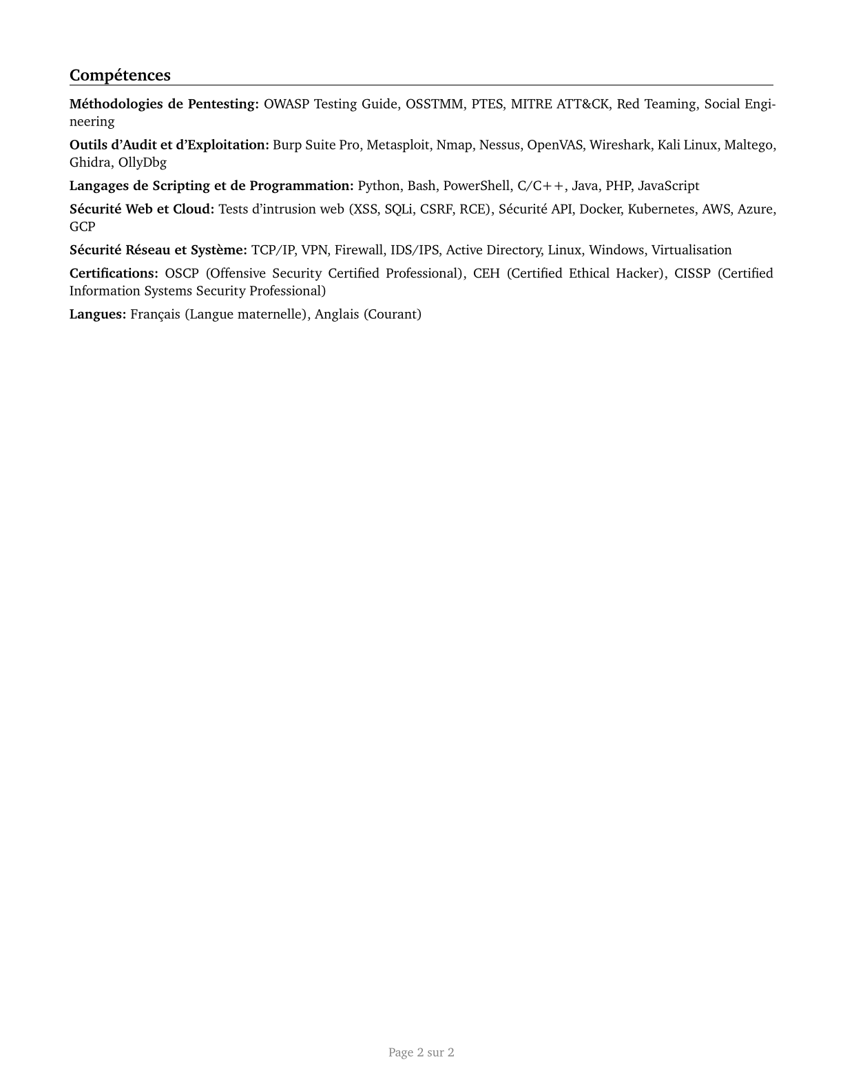 Penetration Testers CV in French — page 2