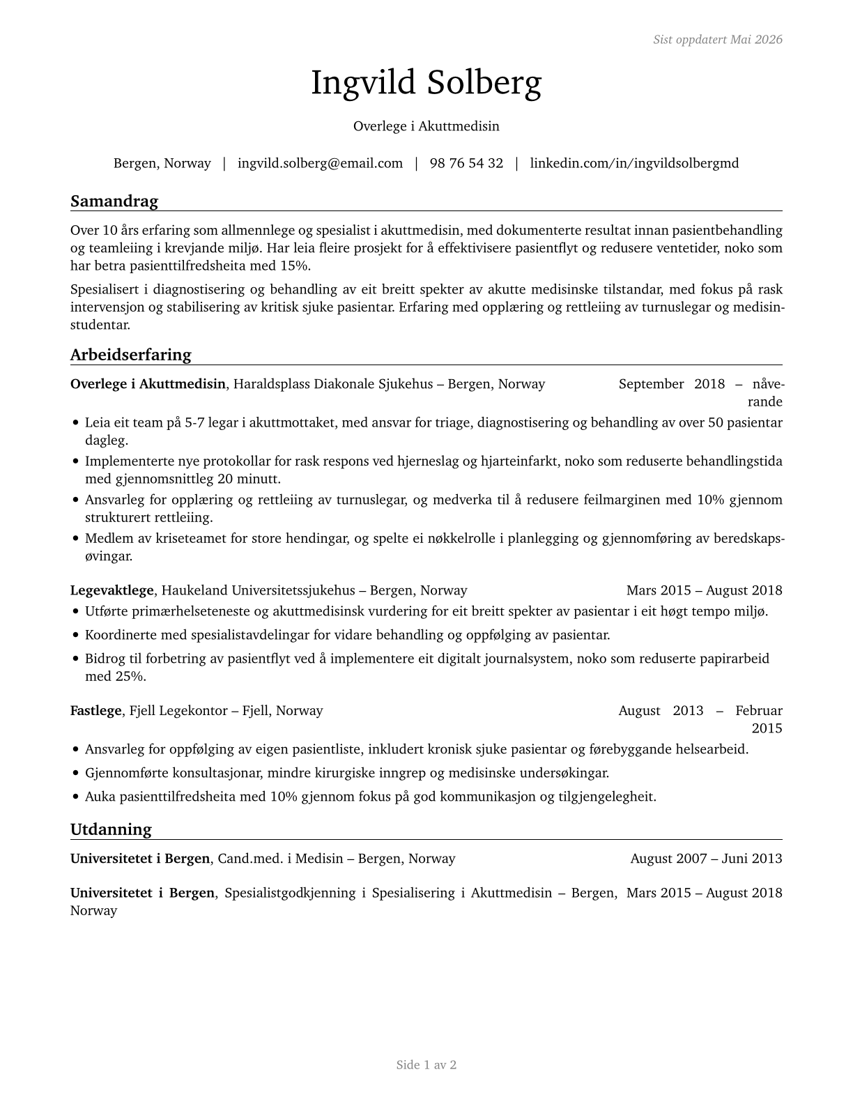 Physicians, All Other CV in Norwegian_nynorsk — page 1