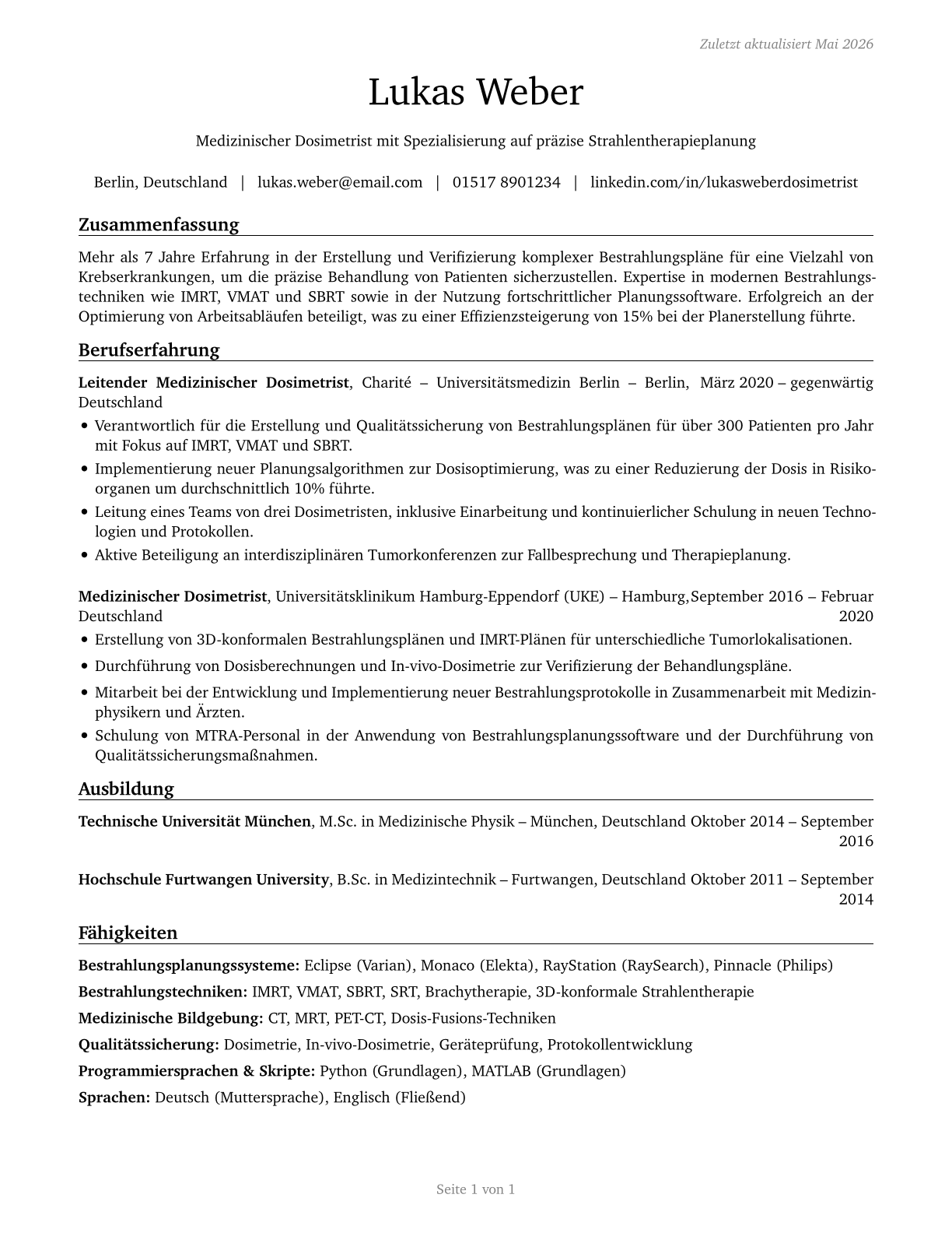 Medical Dosimetrists CV in German — page 1