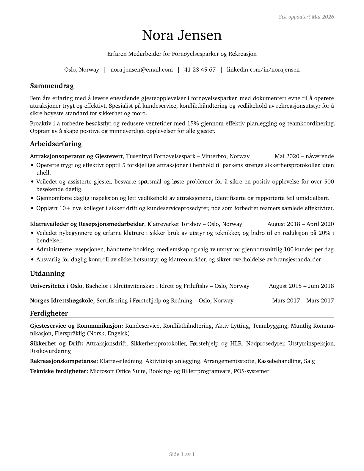 Amusement and Recreation Attendants CV in Norwegian_bokmal — page 1