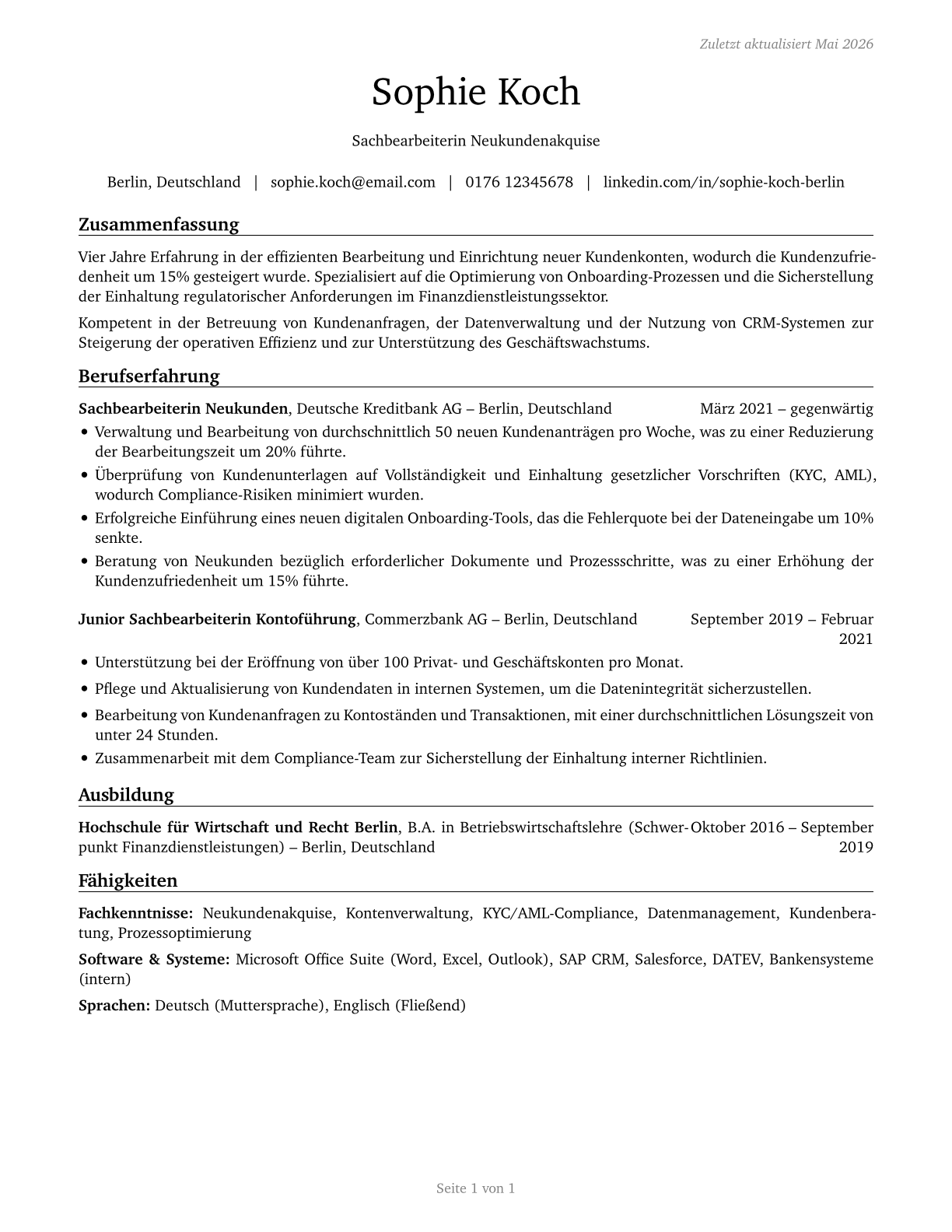 New Accounts Clerks CV in German — page 1