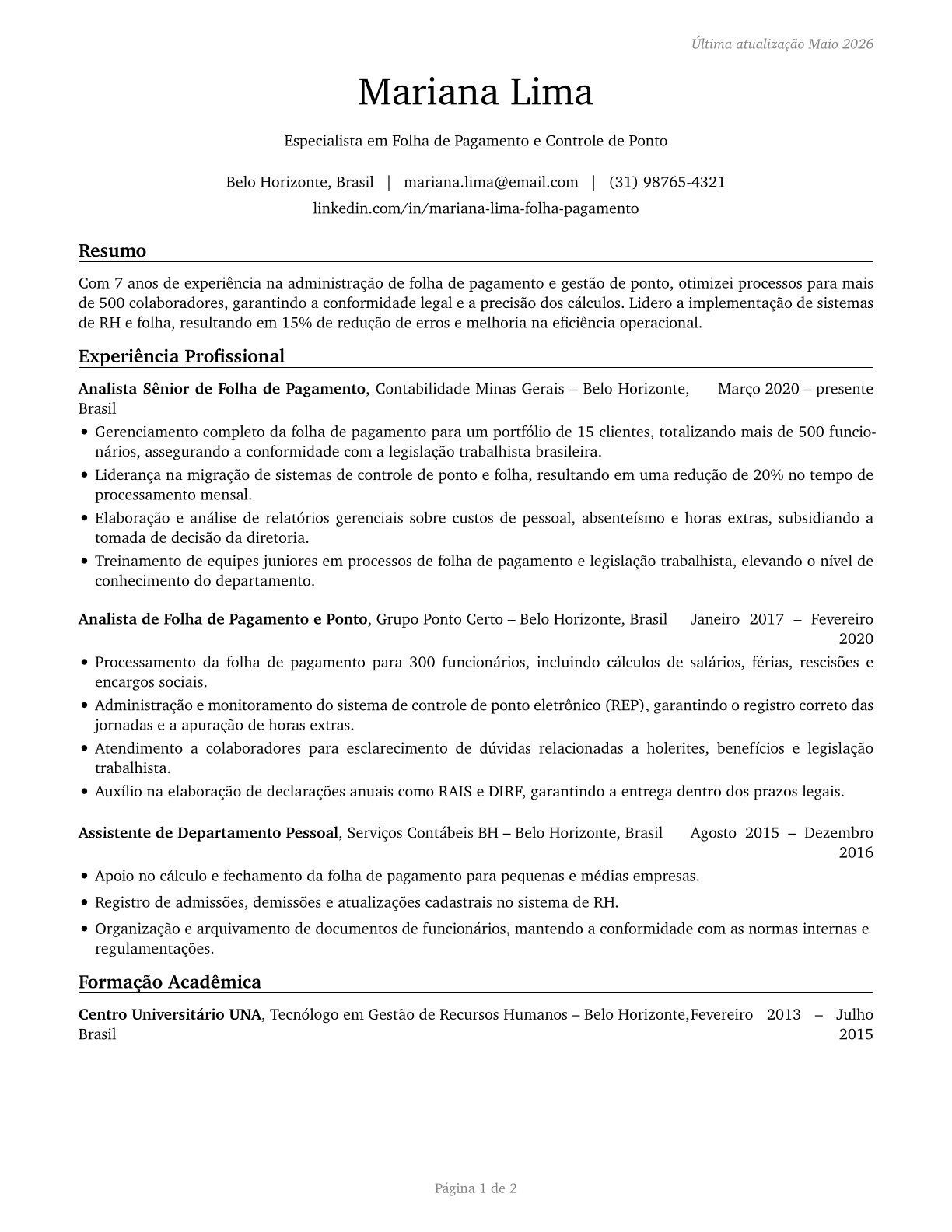 Payroll and Timekeeping Clerks CV in Portuguese — page 1