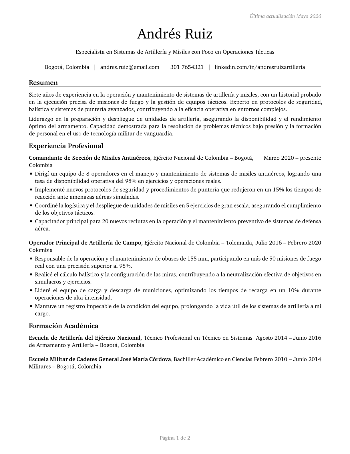 Artillery and Missile Crew Members CV in Spanish — page 1