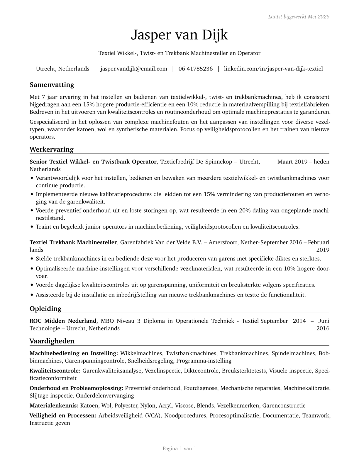 Textile Winding, Twisting, and Drawing Out Machine Setters, Operators, and Tenders CV in Dutch — page 1