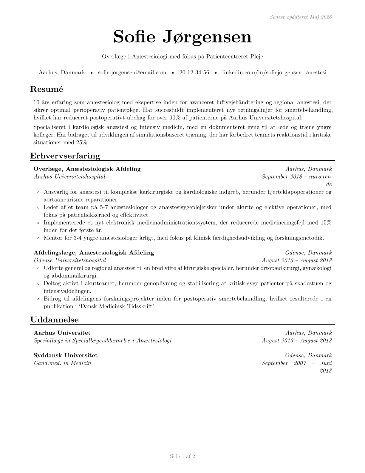 Anesthesiologists CV in Danish — page 1