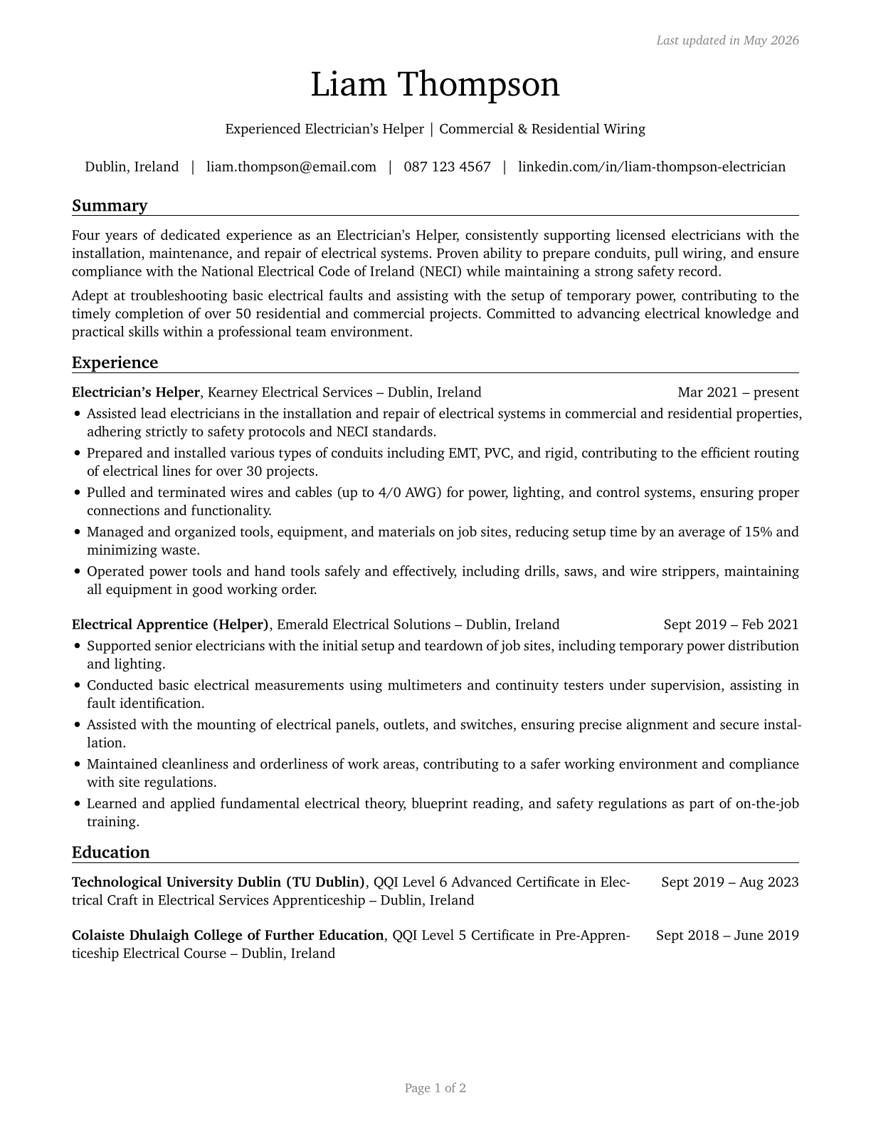 Helpers--Electricians CV in English — page 1
