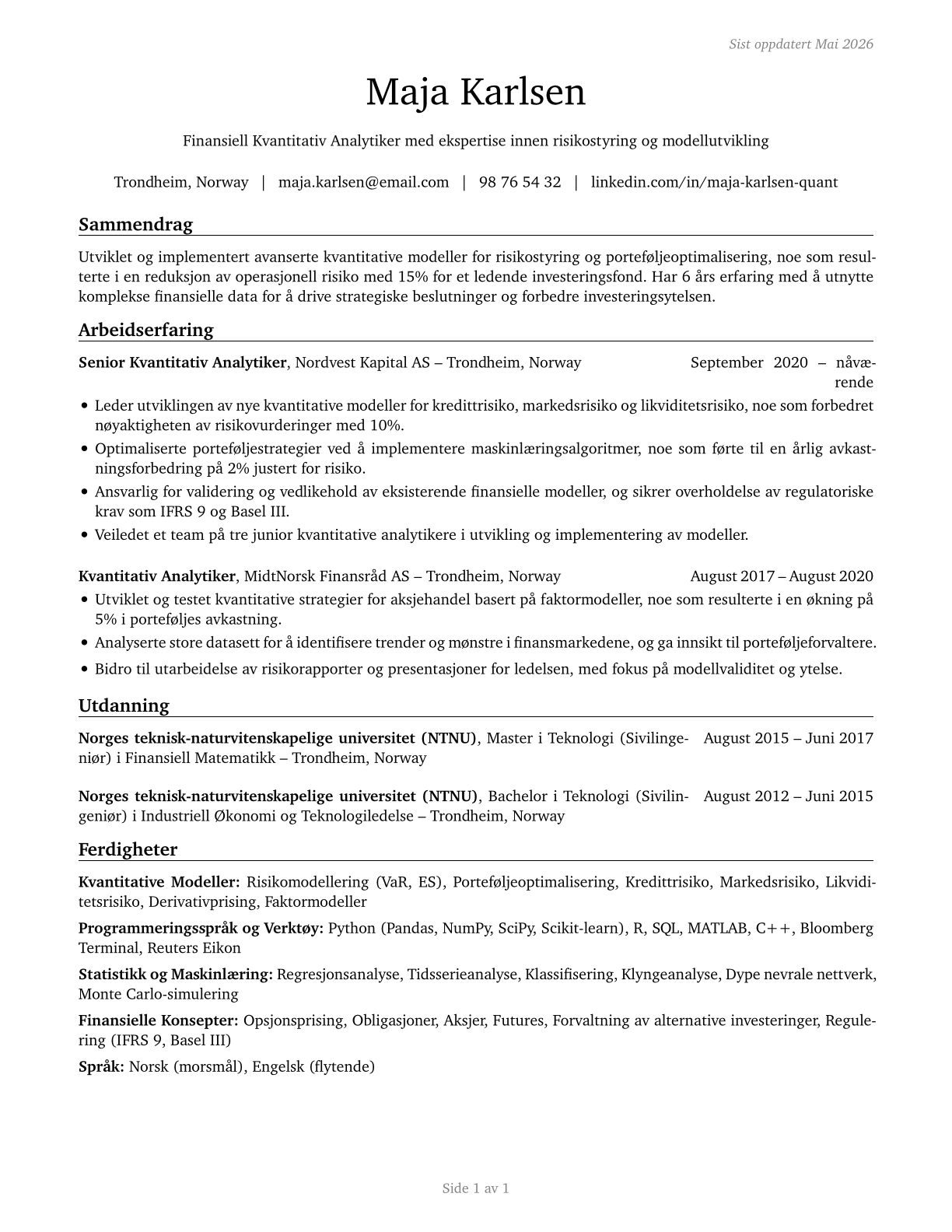 Financial Quantitative Analysts CV in Norwegian_bokmal — page 1