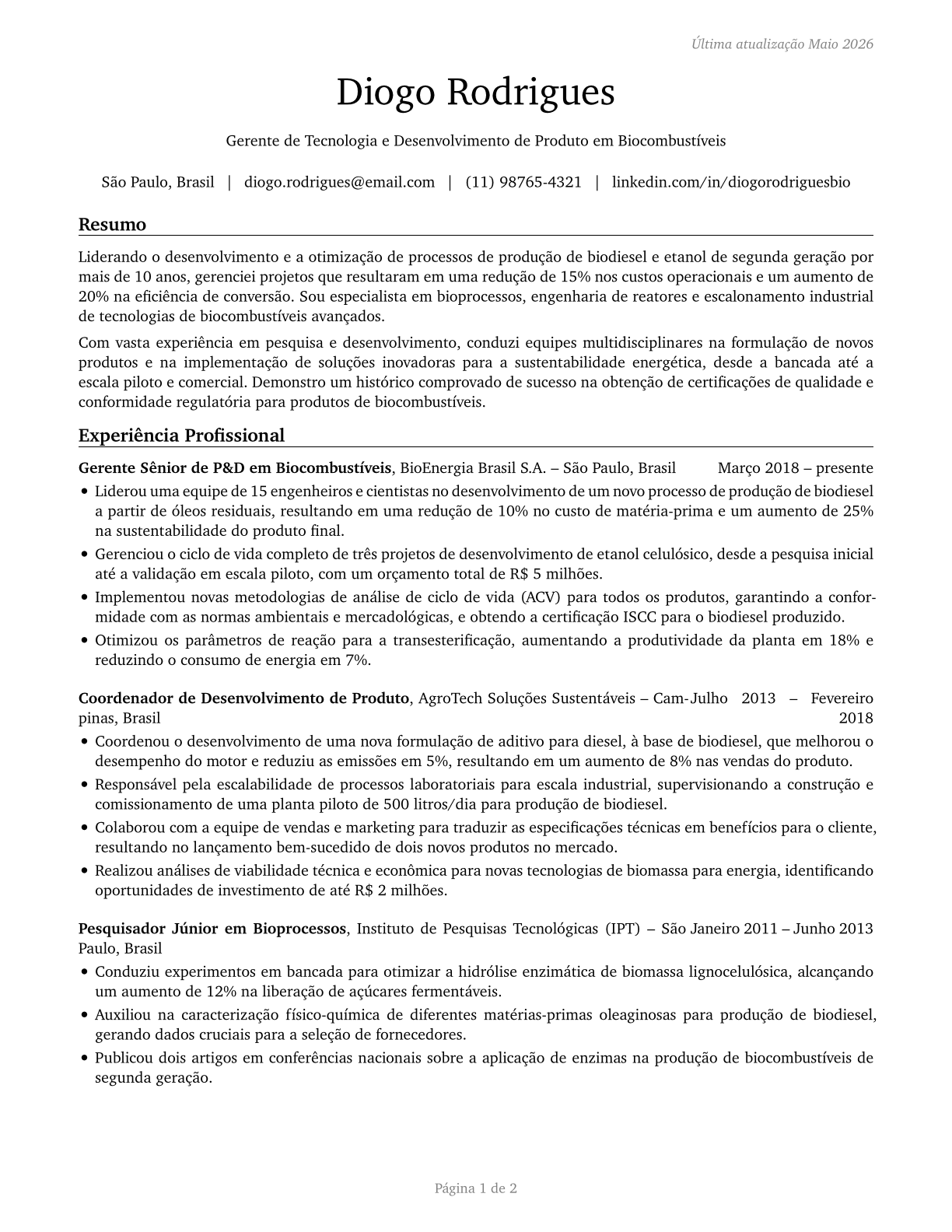 Biofuels/Biodiesel Technology and Product Development Managers CV in Portuguese — page 1