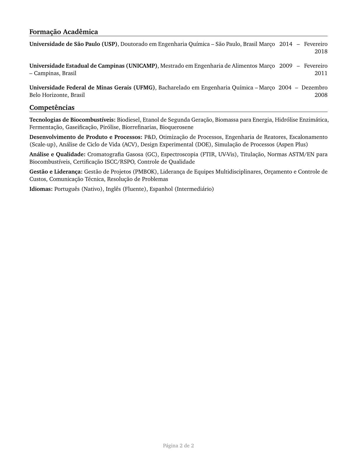 Biofuels/Biodiesel Technology and Product Development Managers CV in Portuguese — page 2