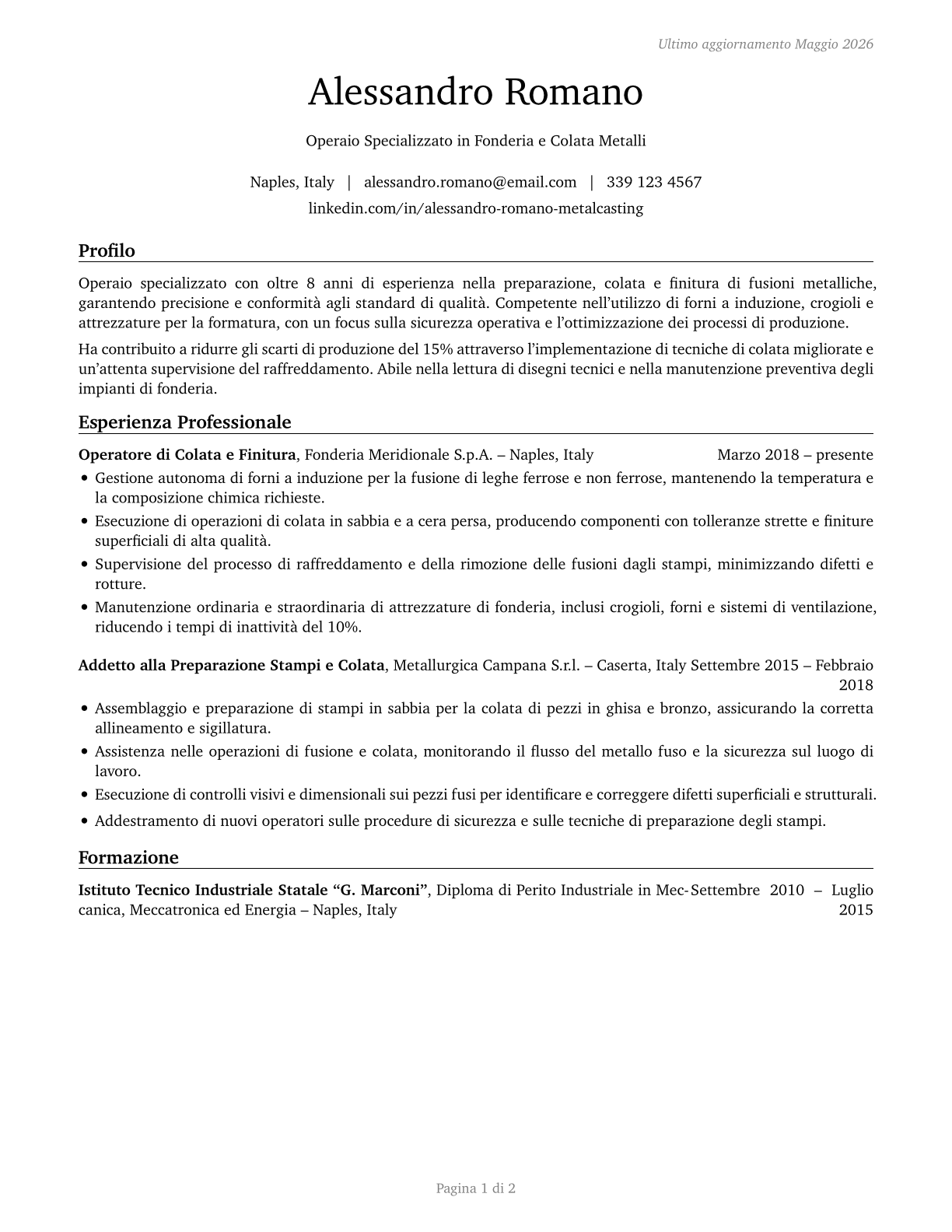 Pourers and Casters, Metal CV in Italian — page 1