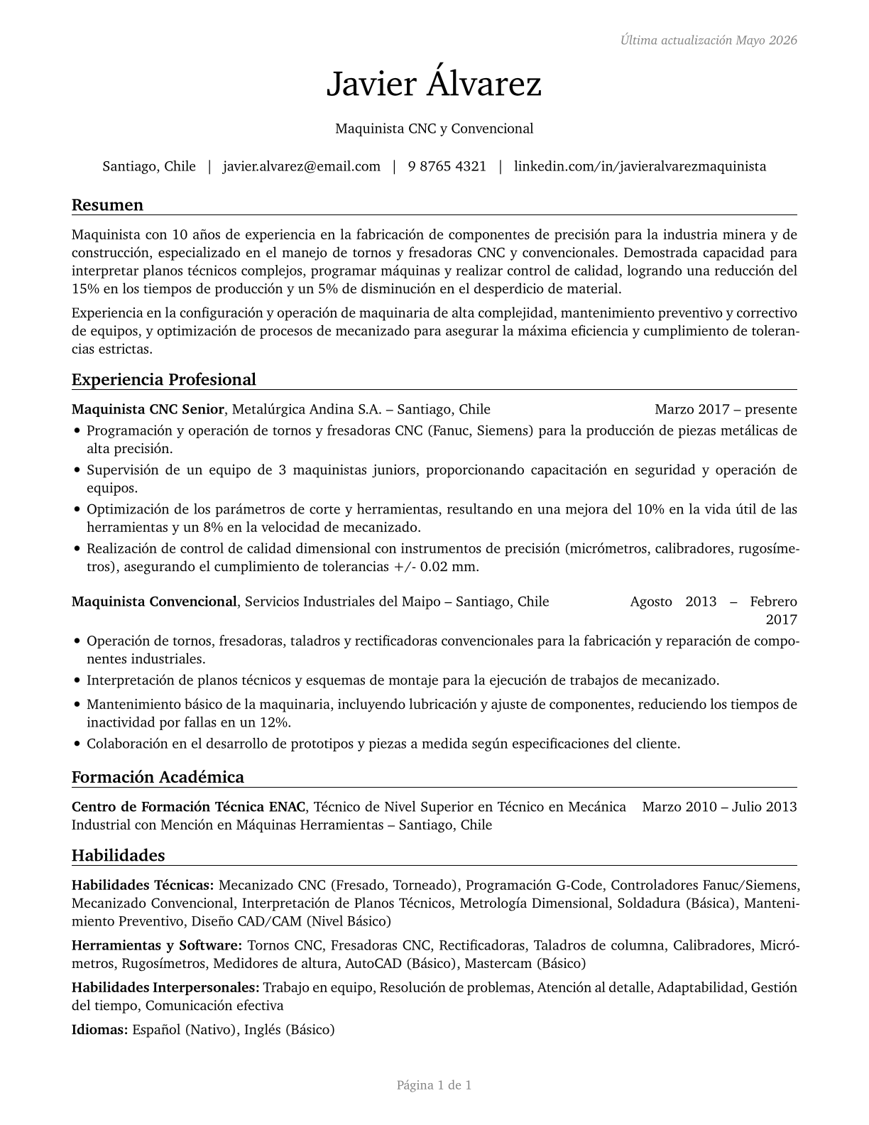 Machinists CV in Spanish — page 1
